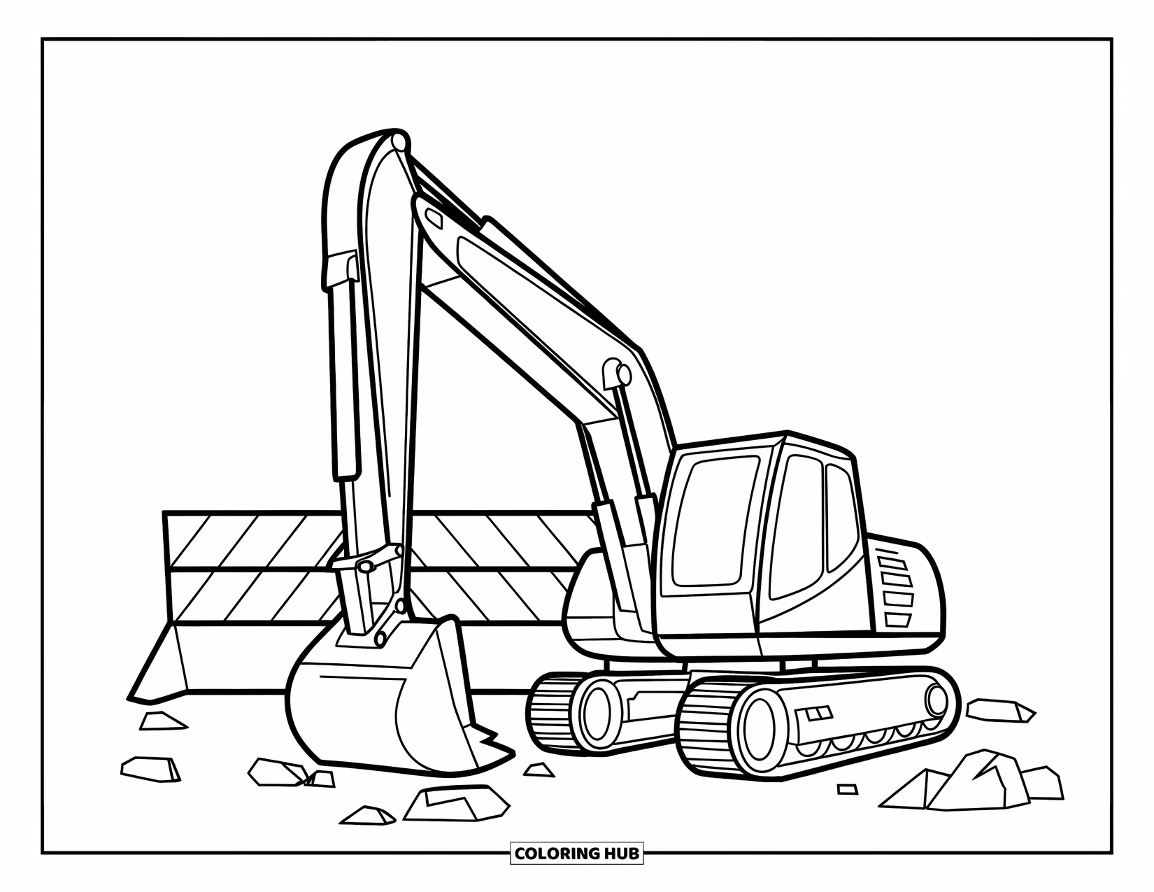 Excavator Coloring Page for Kids: An excavator near a barrier clears stones at a construction zone