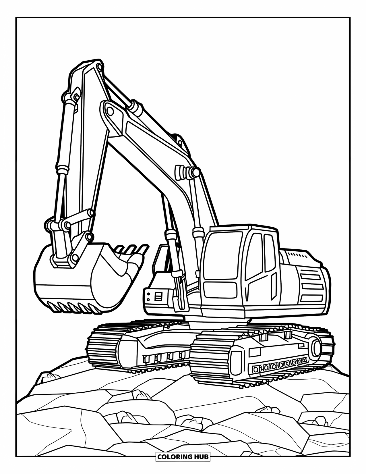 Excavator Coloring Page for Kids: An excavator with big treads sits on rocky ground