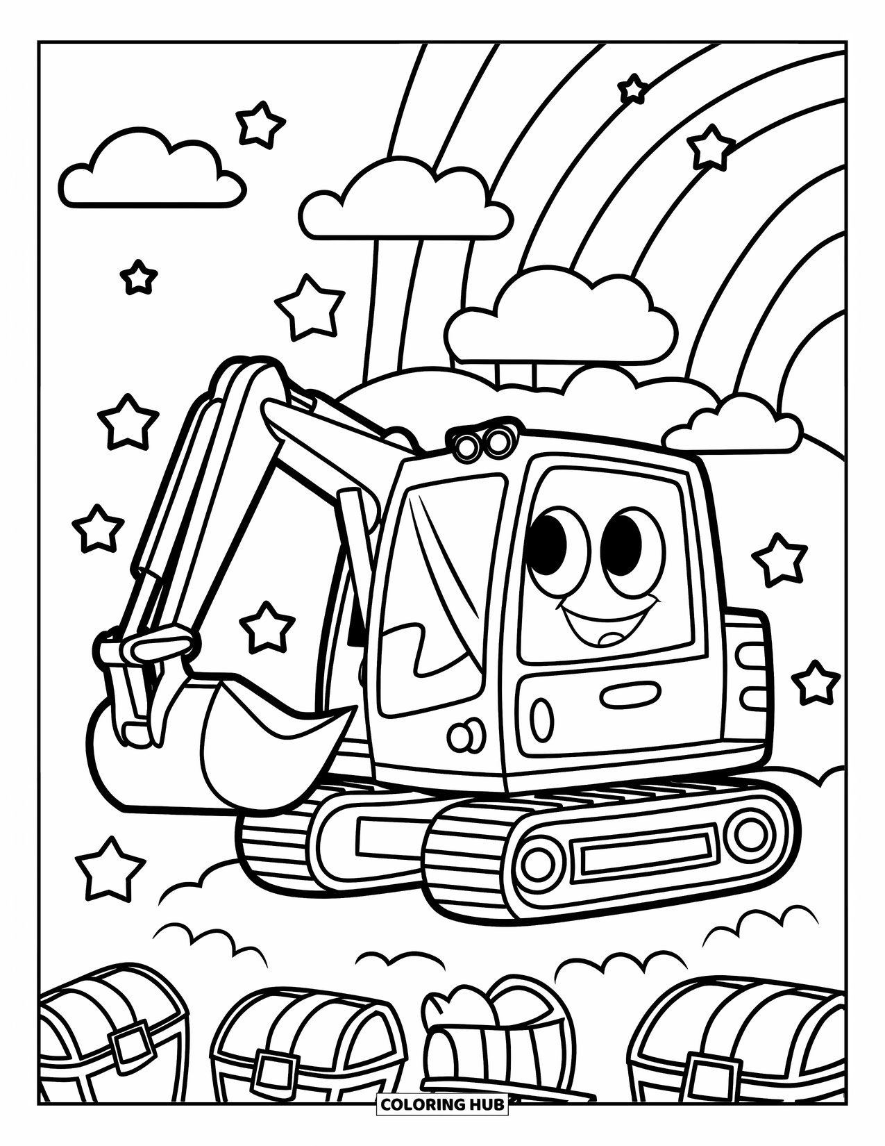 Excavator Coloring Page for Kids: An excavator with stars around it digs near clouds, treasure chests, and a rainbow