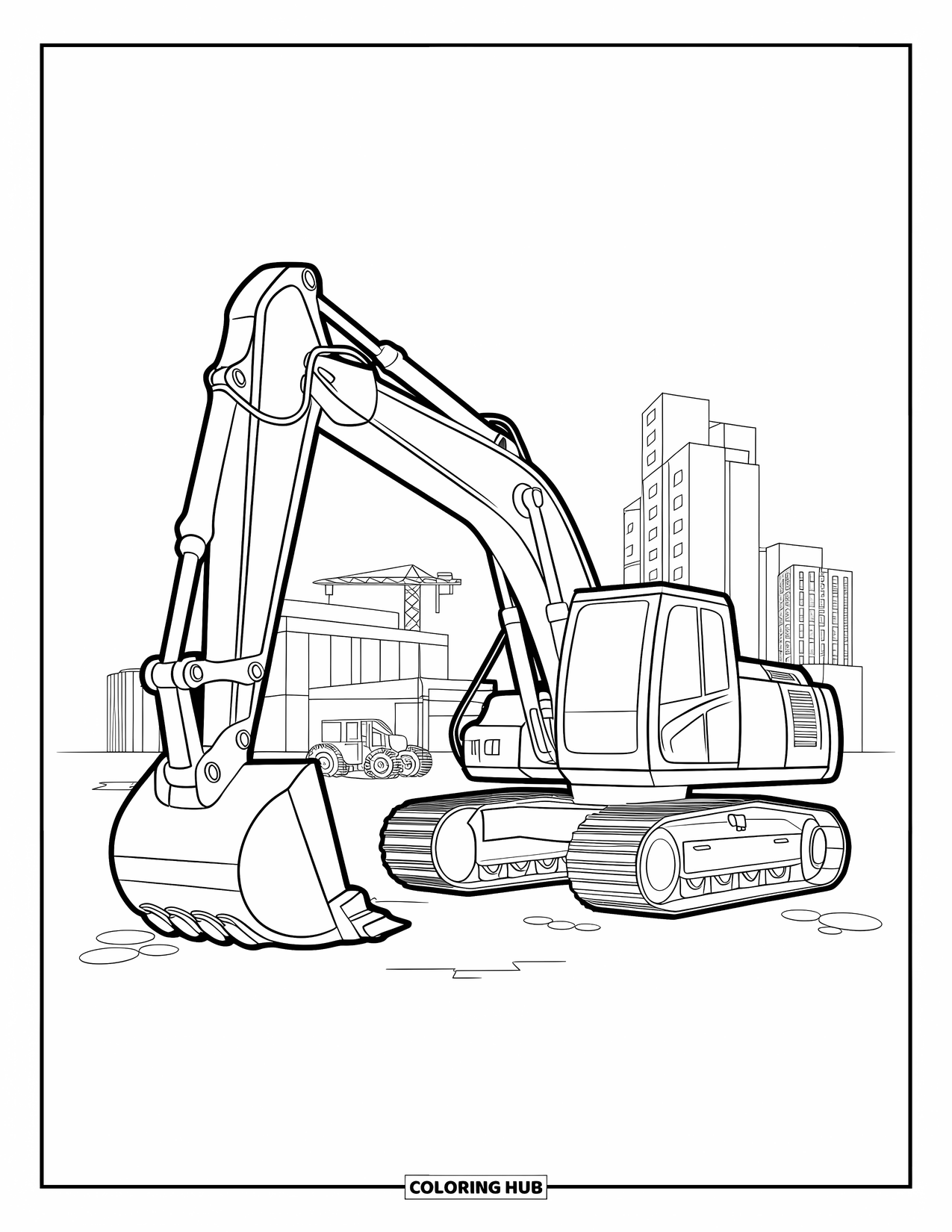 Excavator Coloring Page for Kids: An excavator works with smaller machines and a crane near some buildings