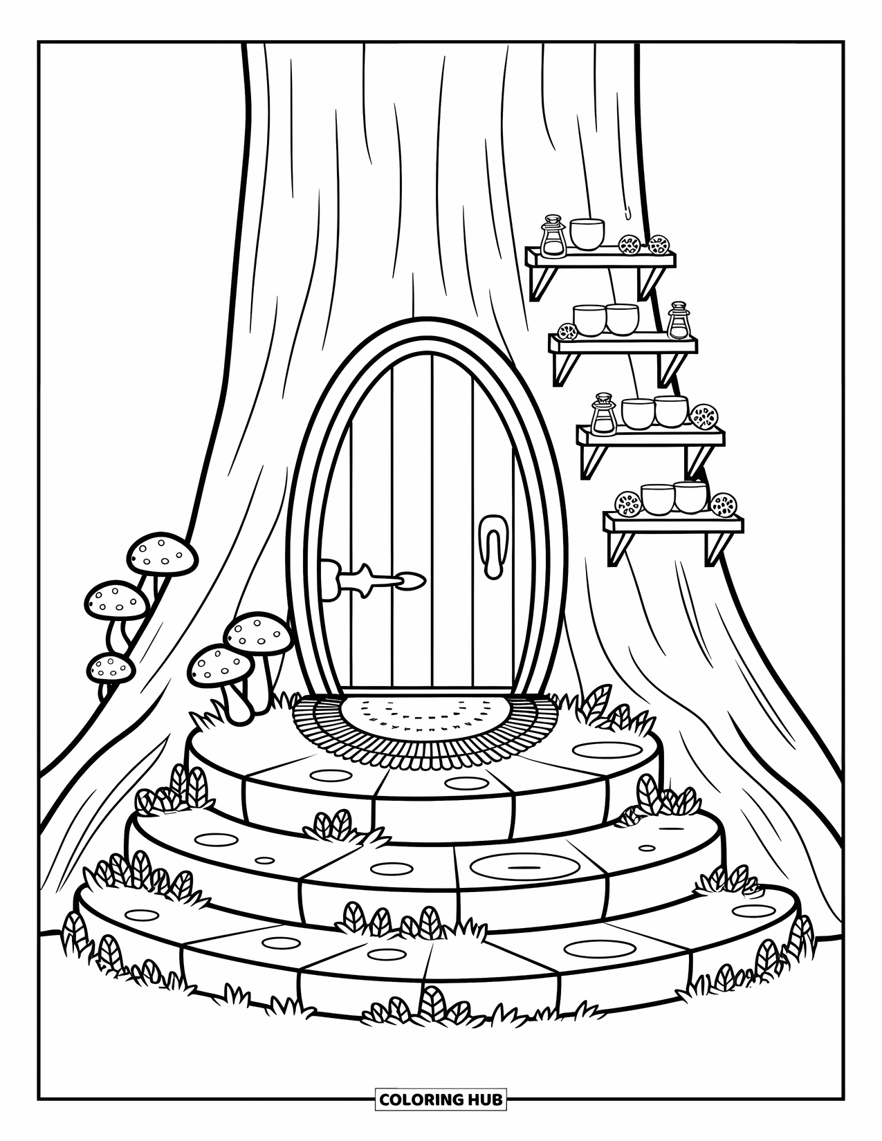 Fairy Garden Coloring Page for Adults: A cozy tree trunk door with pebble stairs, mushrooms, and hanging fairy garden shelves