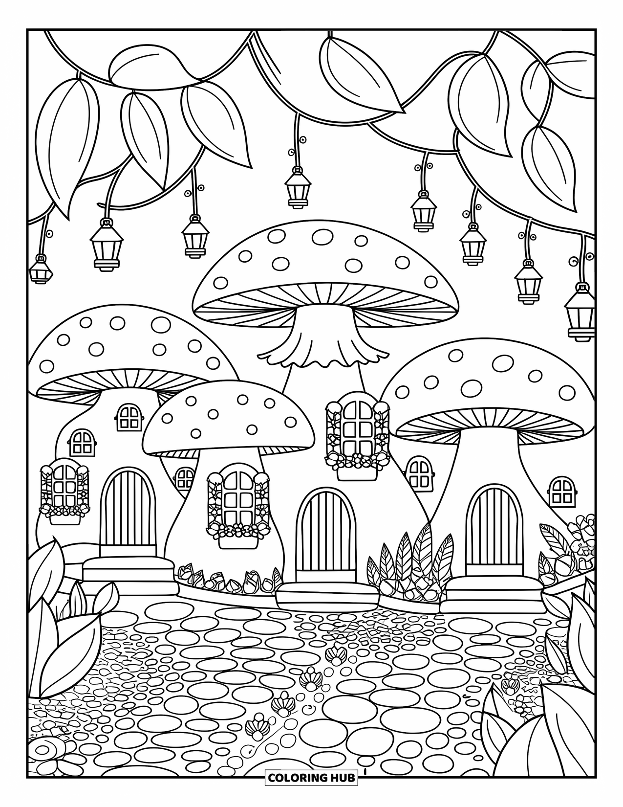Fairy Garden Coloring Page for Adults: A fairy neighborhood grows in mushrooms with winding steps and potted plants