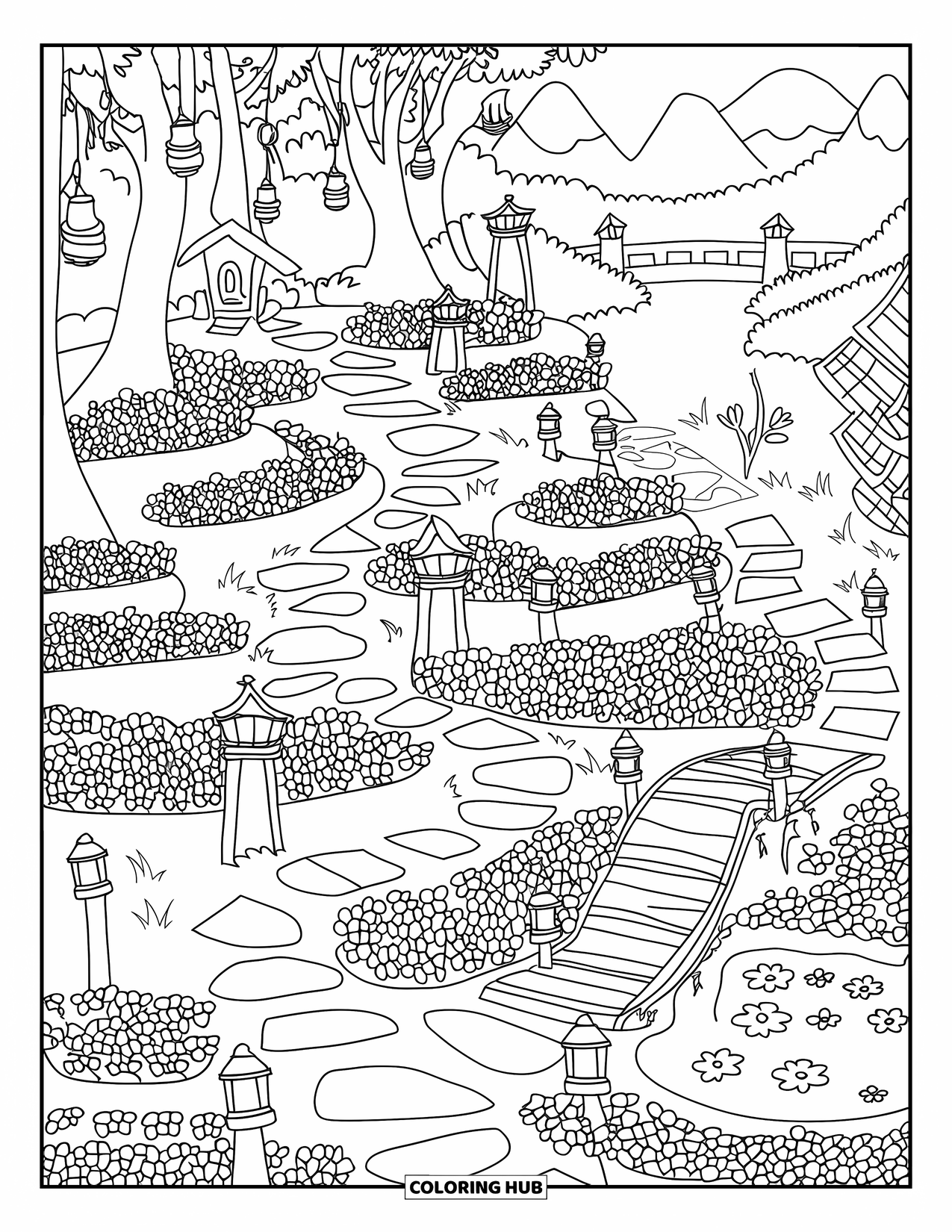 Fairy Garden Coloring Page for Adults: A garden with bridges, floating lanterns, and winding paths sits near a pond