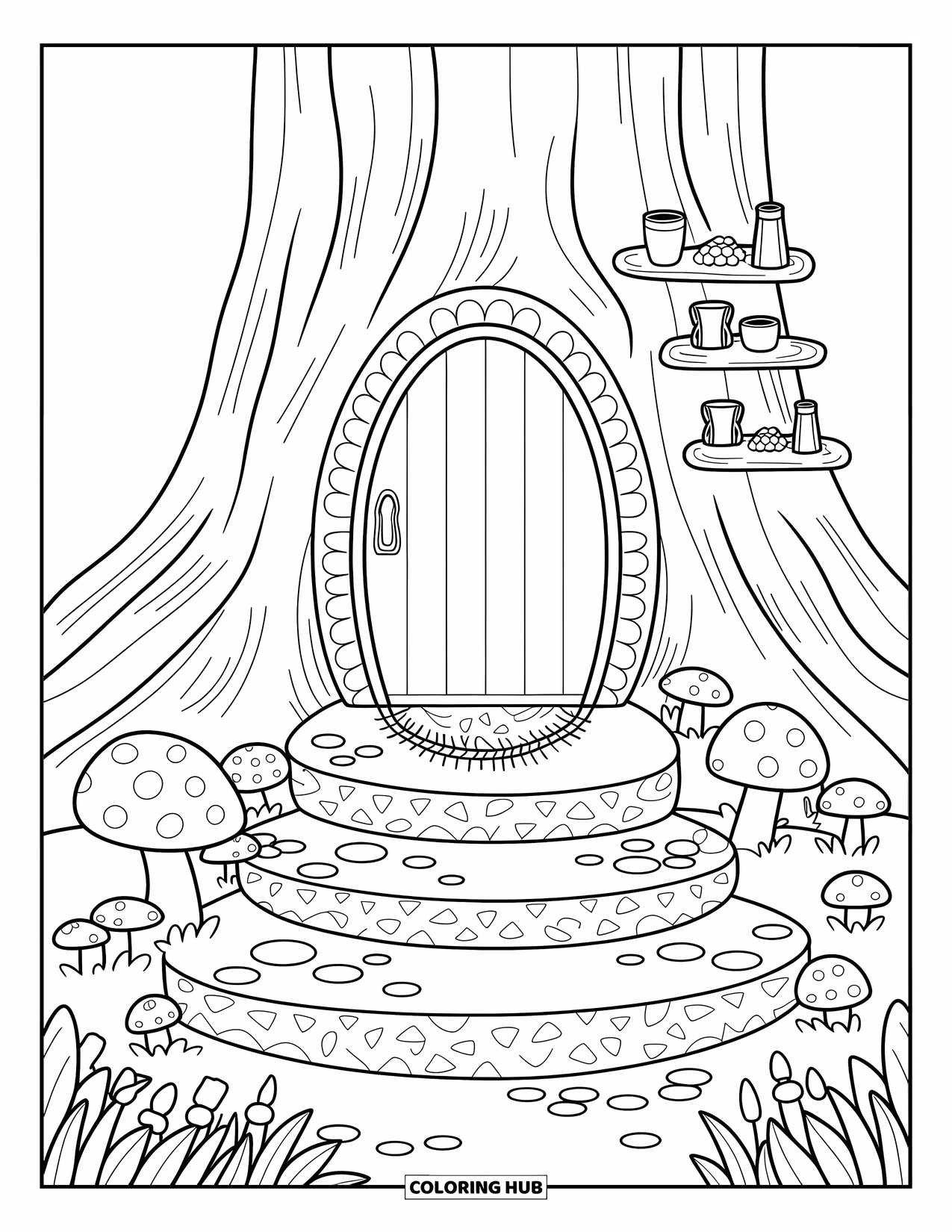 Fairy Garden Coloring Page for Adults: A mossy fairy door welcomes visitors with pebble stairs and cute little shelf details