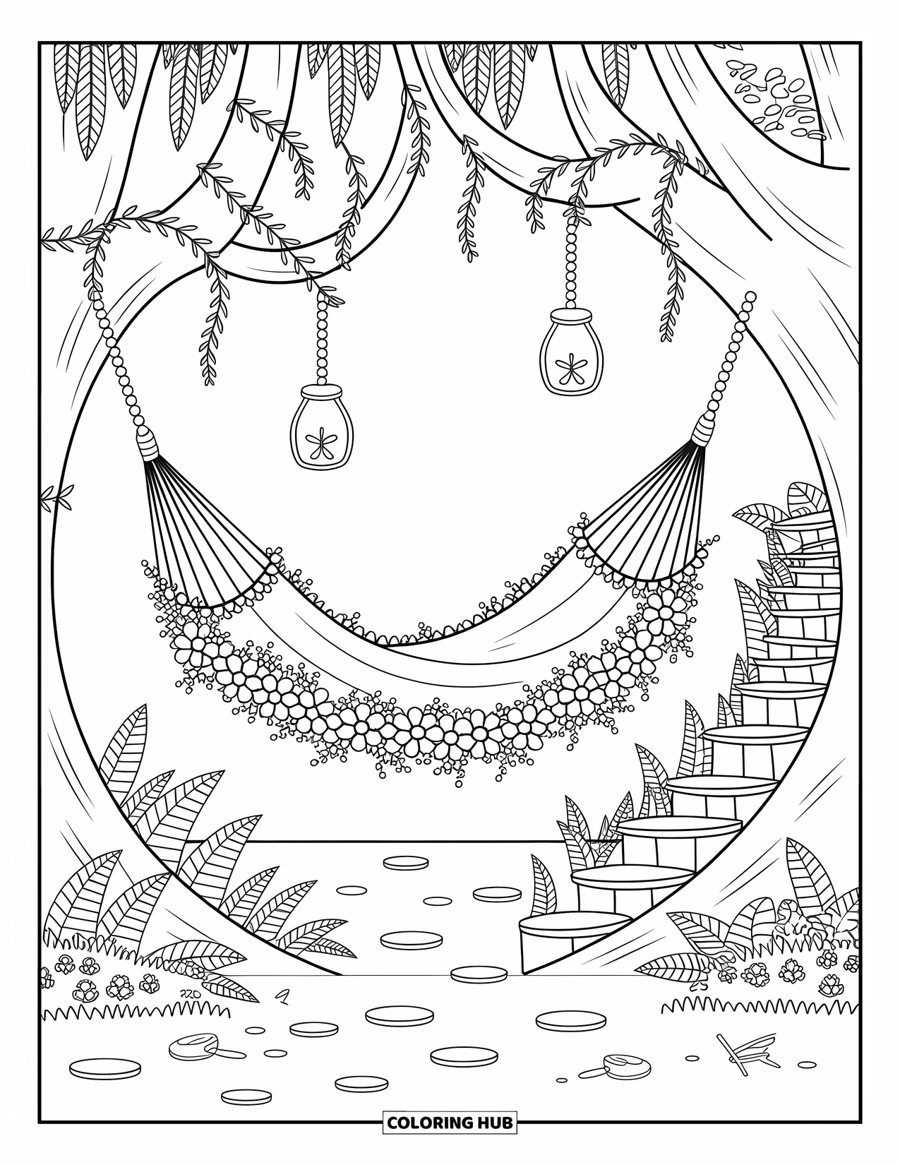 Fairy Garden Coloring Page for Adults: A peaceful forest nook with a flower hammock, spiral stairs, and twinkling firefly jars