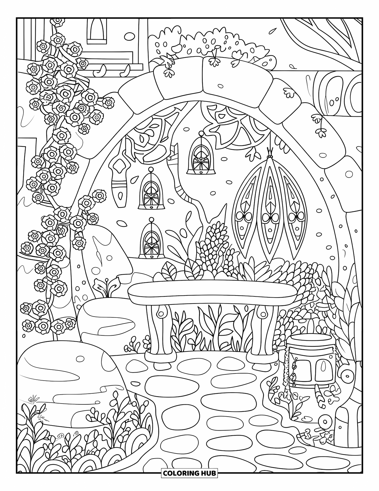 Fairy Garden Coloring Page for Adults: A peaceful garden nook with fairies, lanterns, and patterned stone walls