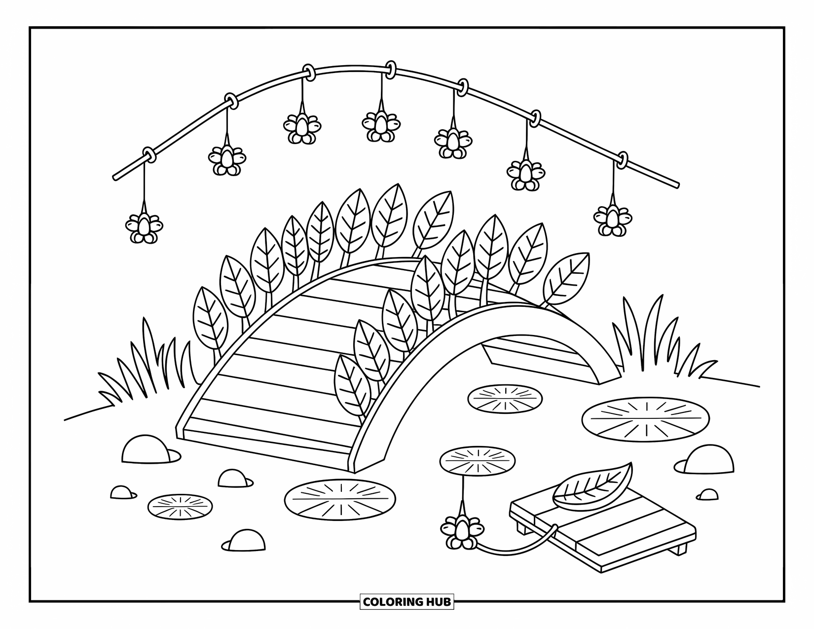 Fairy Garden Coloring Page for Adults: A peaceful pond scene with a curved bridge, flower lanterns, and a leaf-shaped boat