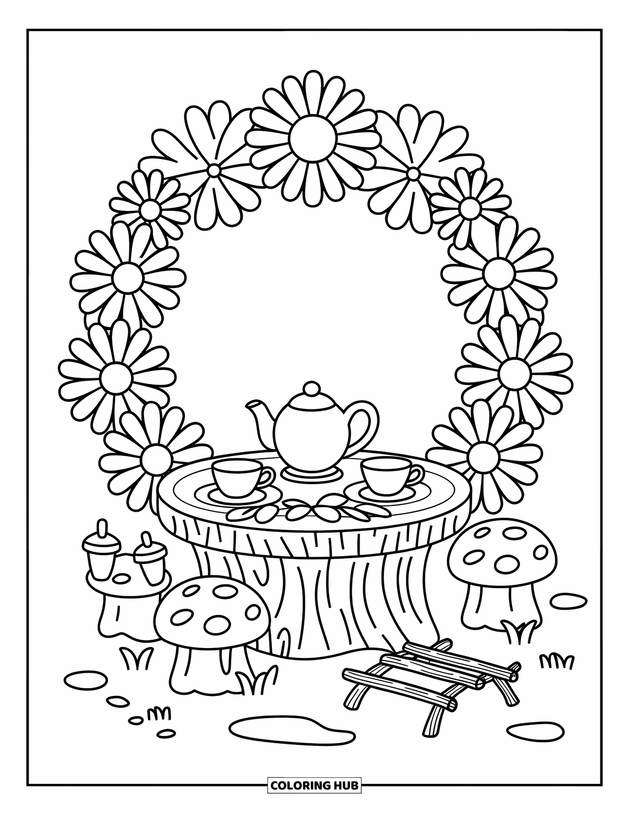 Fairy Garden Coloring Page for Adults: A sweet tea party under giant daisies with stump tables and toadstool stools