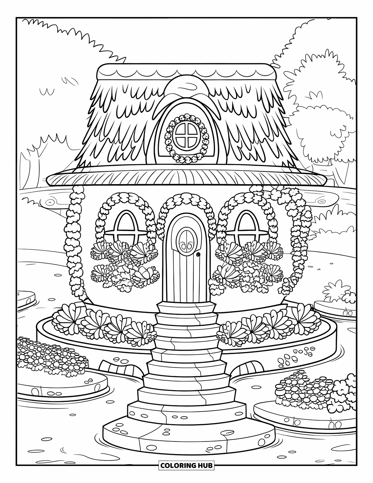 Fairy Garden Coloring Page for Adults: A teacup garden house stands by a moat with flowers and ivy arches