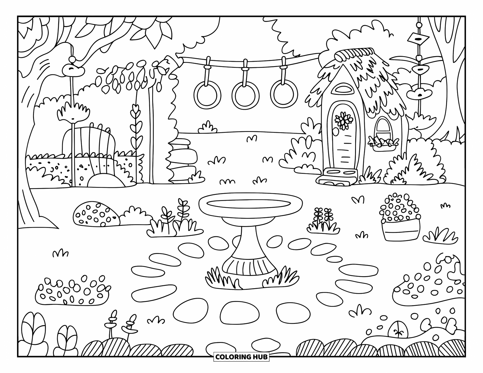 Fairy Garden Coloring Page for Adults: A tiny house and trees surround a garden with a birdbath and hanging signs