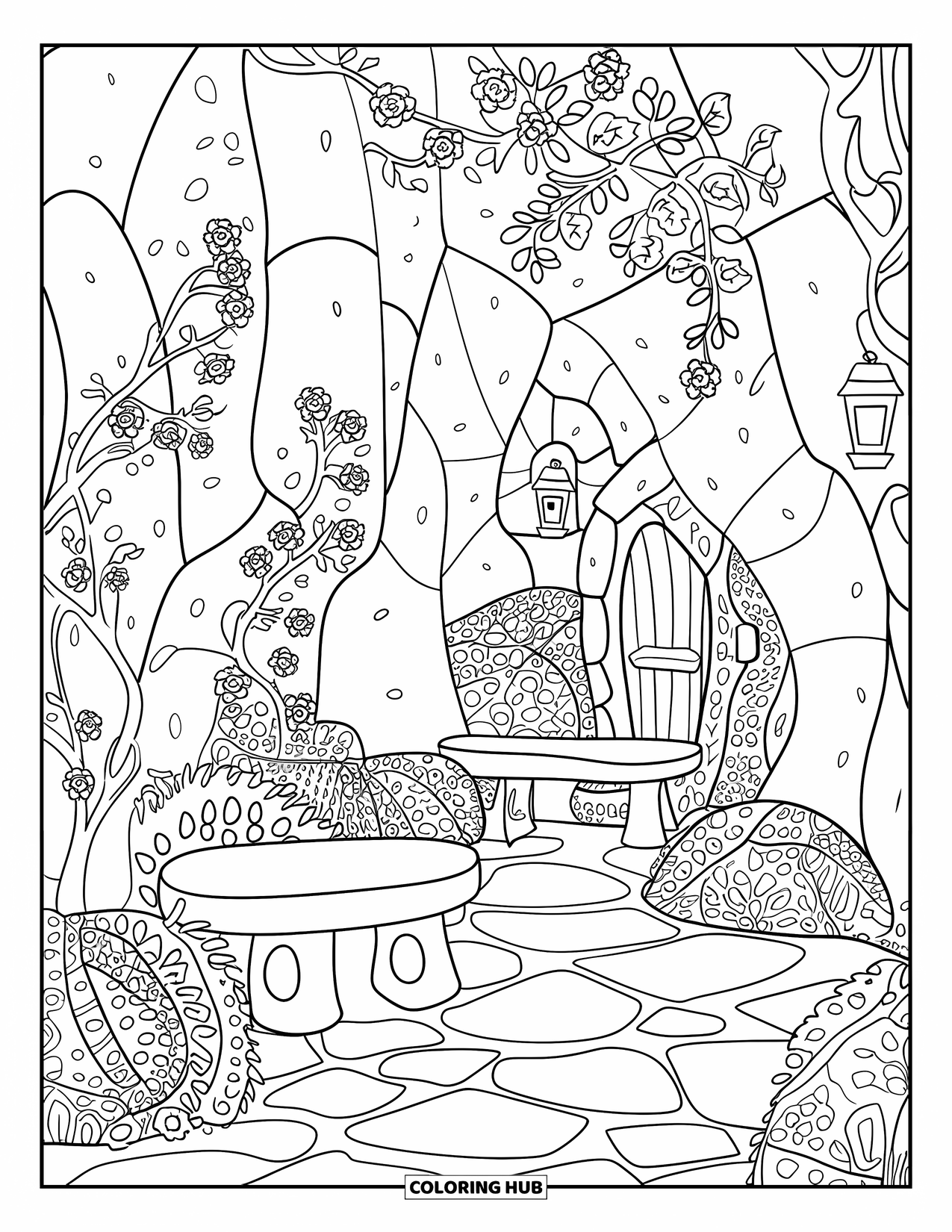 Fairy Garden Coloring Page for Adults: A wooden door hides between rock walls in a lantern-lit fairy garden corner