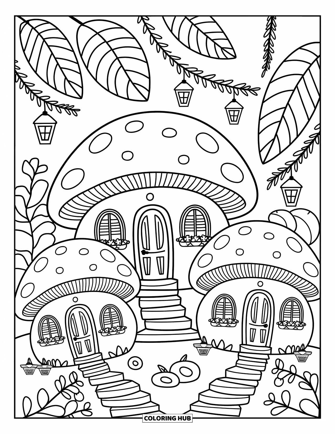 Fairy Garden Coloring Page for Adults: Fairy homes tucked in mushrooms with flower shutters and vine lanterns overhead