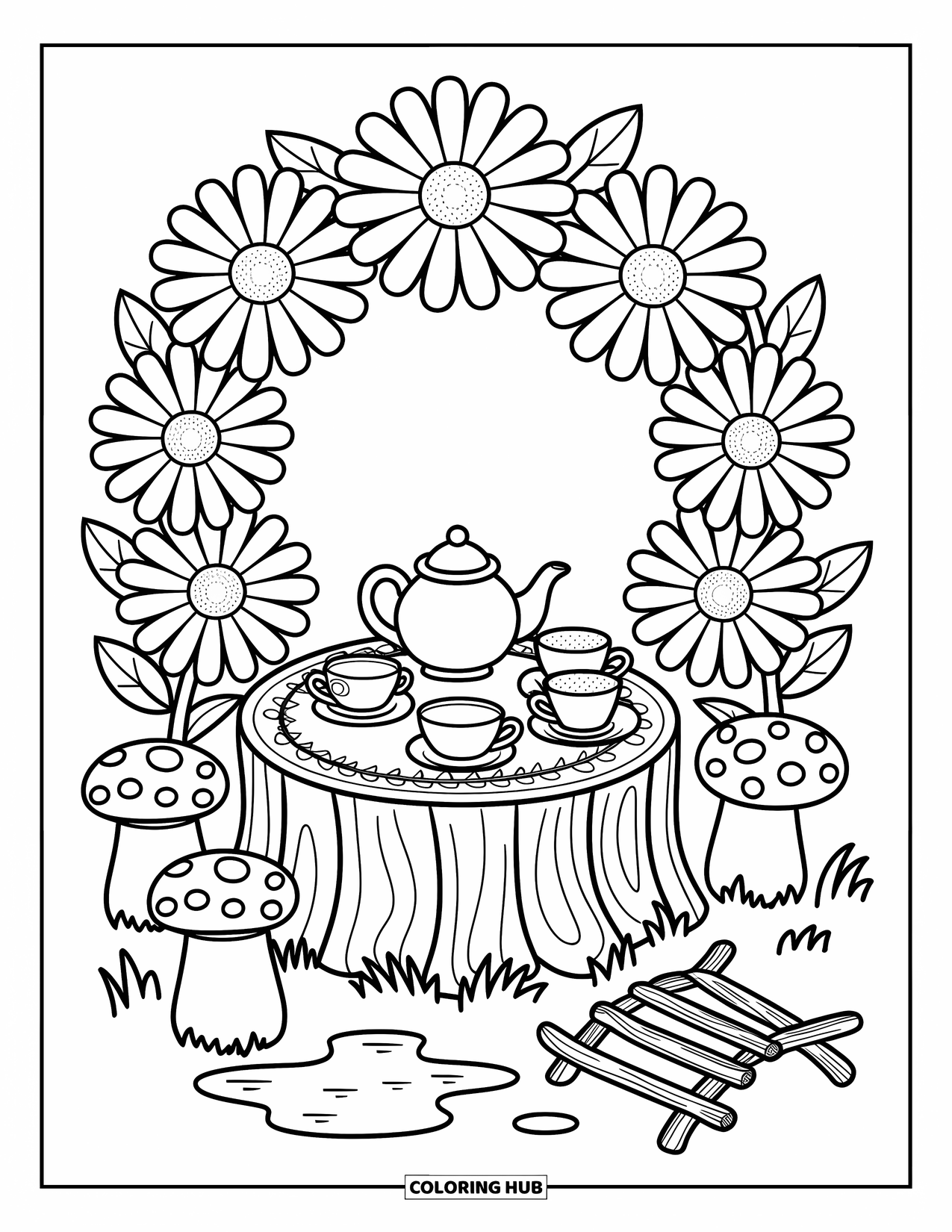 Fairy Garden Coloring Page for Adults: Mini tea party scene with acorn teacups, daisies overhead, and a twig bridge