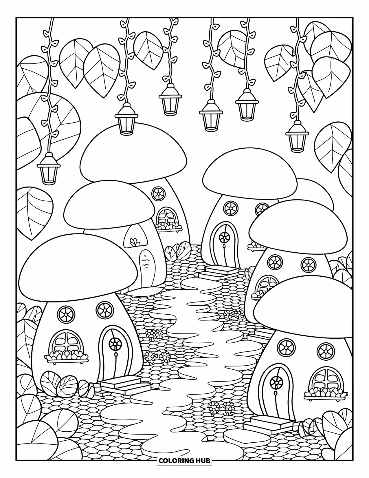 Fairy Garden Coloring Page for Adults: Mushroom homes with flower windows and pebble paths form a fairy village