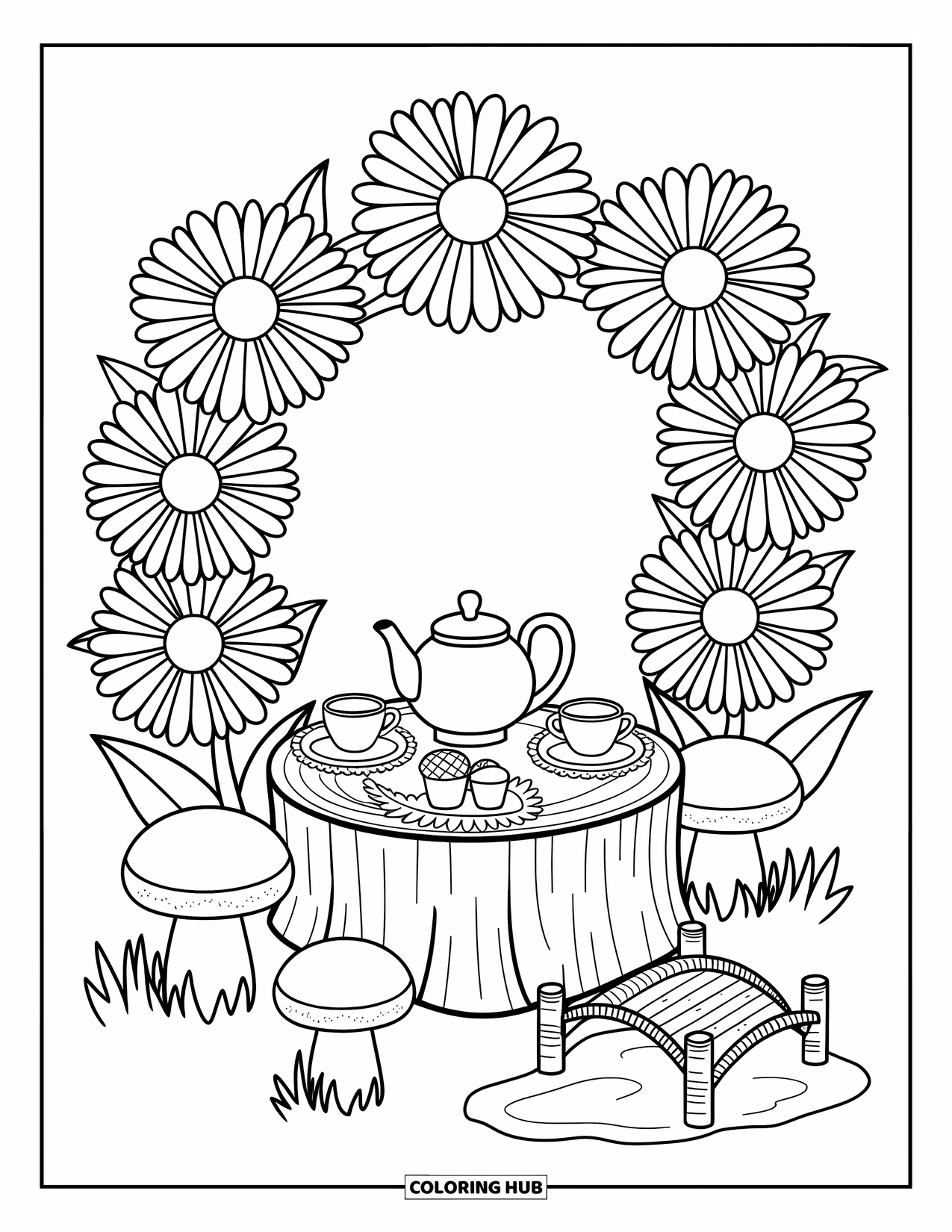 Fairy Garden Coloring Page for Adults: Oversized daisies shade a cozy tea party with tiny cups and a twig bridge