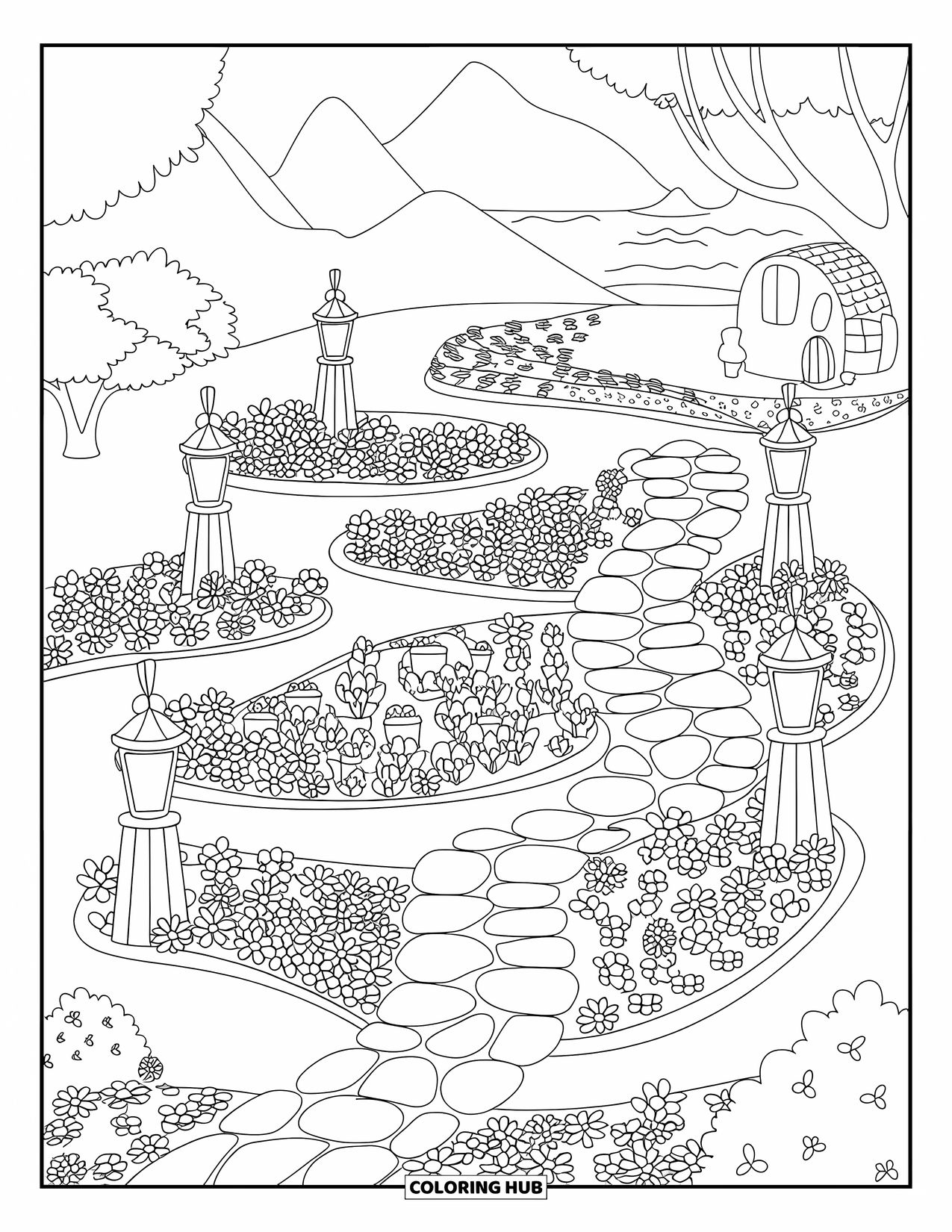 Fairy Garden Coloring Page for Adults: Stone paths and flowerbeds wind through a fairy garden with tiny houses and trees