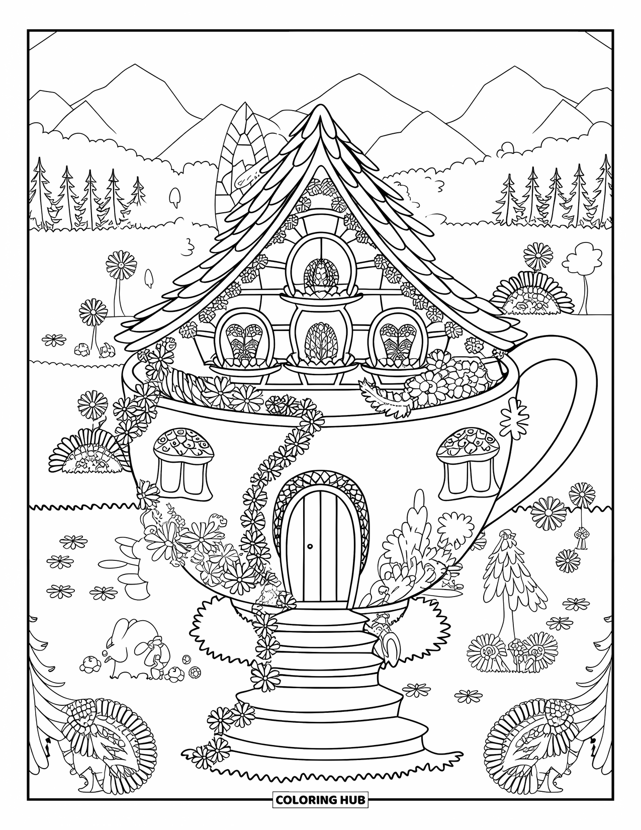 Fairy Garden Coloring Page for Adults: Teacup house surrounded by fairies, flowers, and gentle mountain views