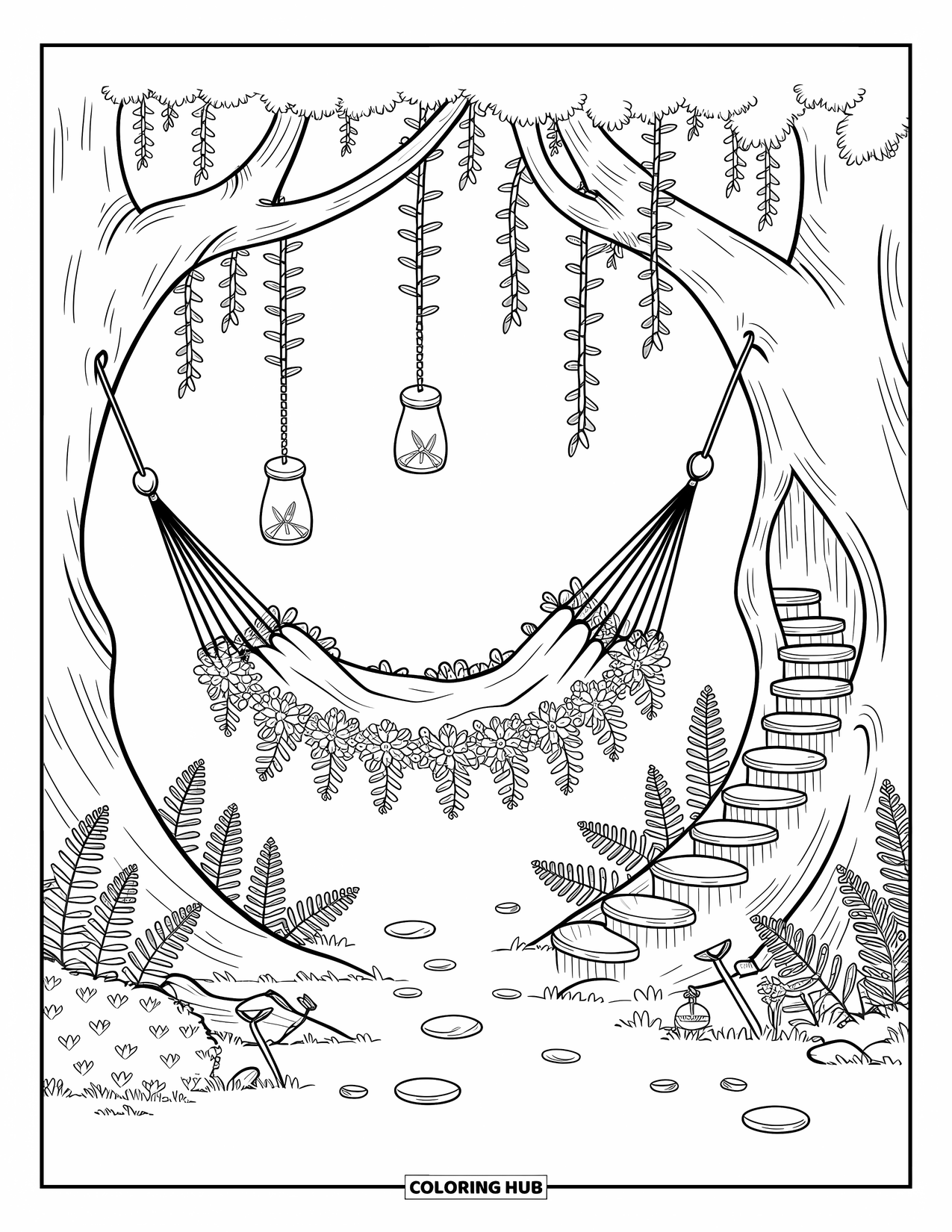 Fairy Garden Coloring Page for Adults: Vine hammock, firefly jars, and a spiral stair bring this cozy forest scene to life