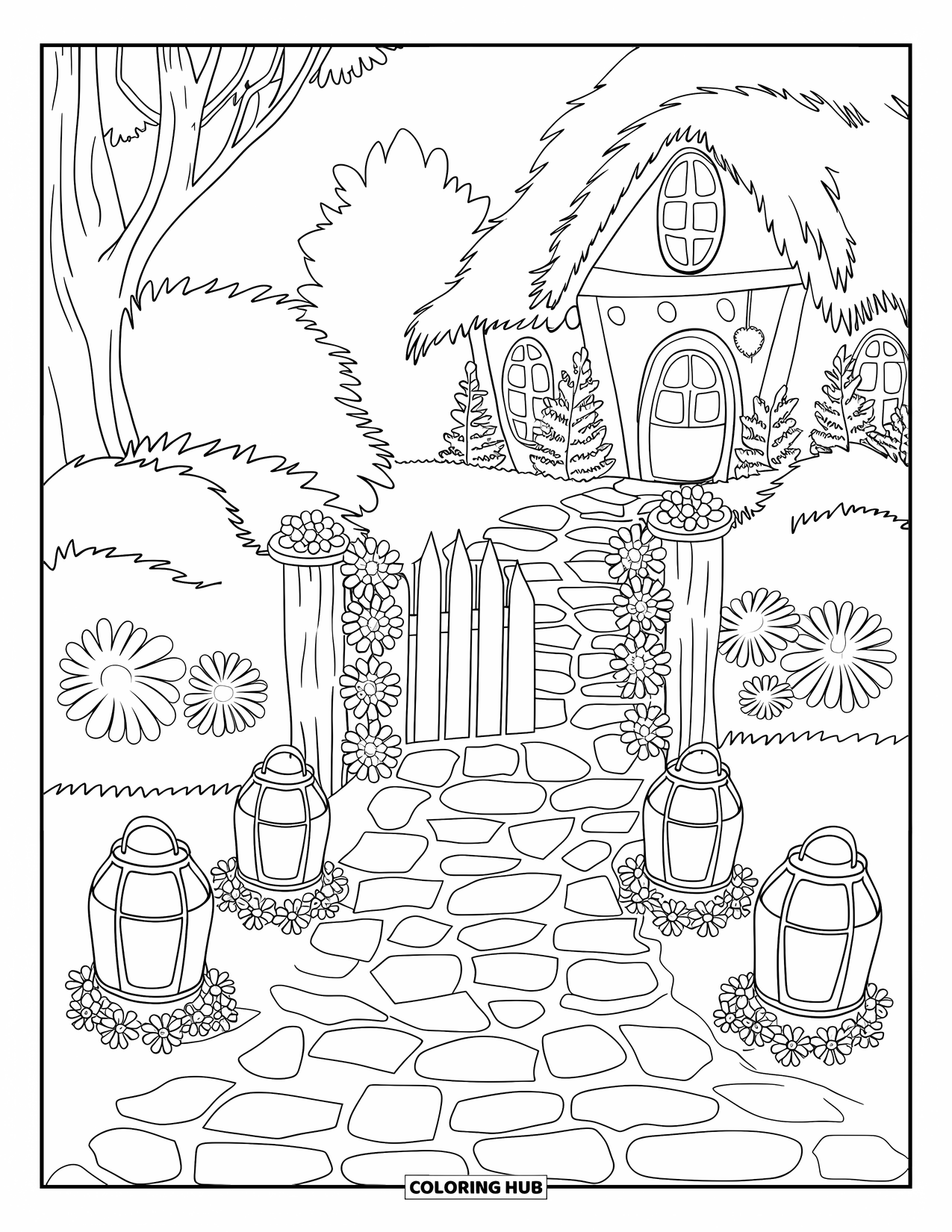 Fairy Garden Coloring Page for Kids: A cobblestone path winds through lanterns, flower rings, and leads to a sweet cottage