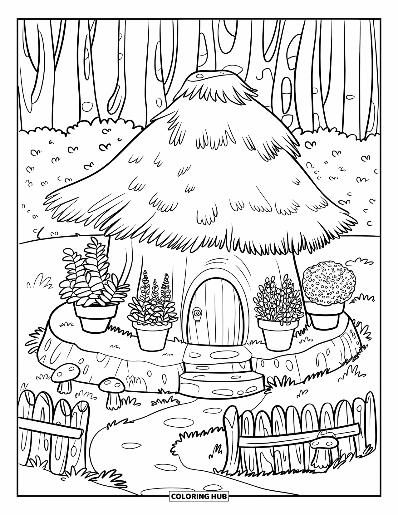 Fairy Garden Coloring Page for Kids: A cozy stump house sits among potted herbs, mushrooms, and tall forest trees