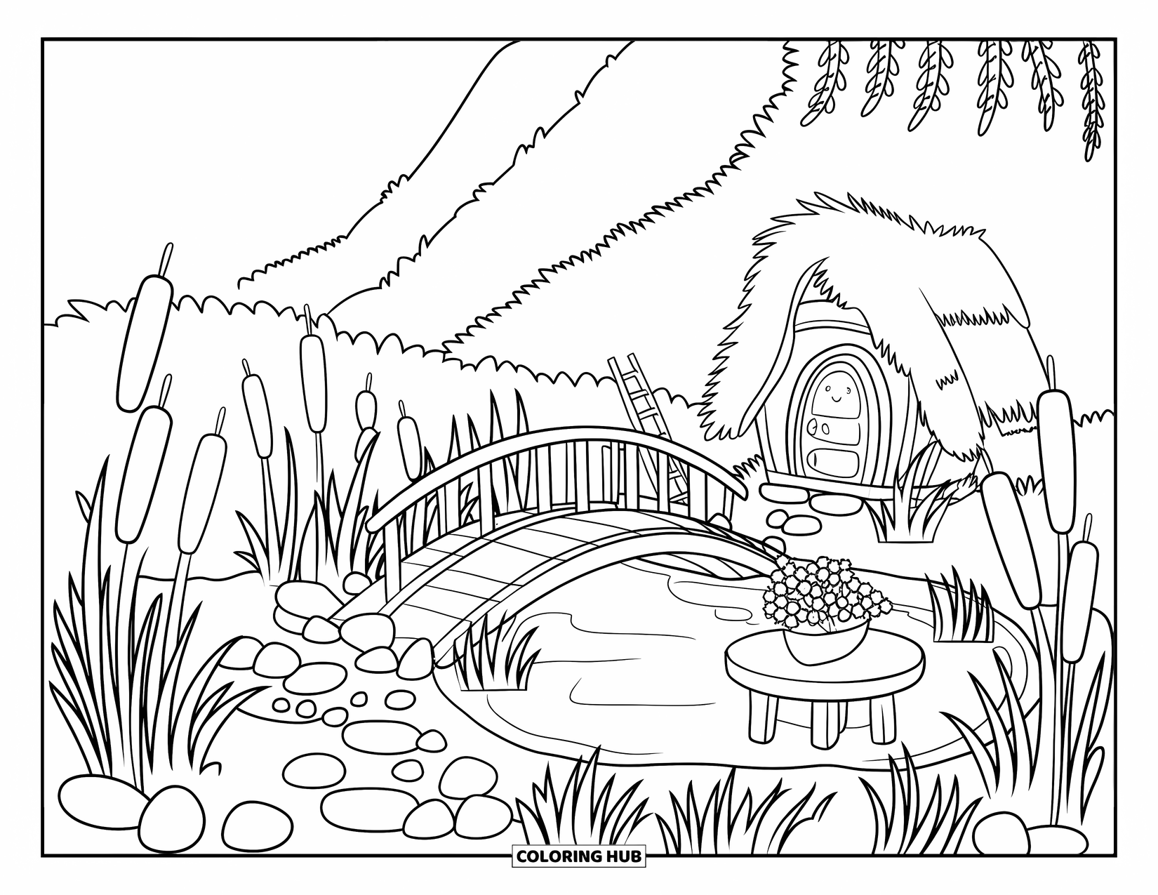 Fairy Garden Coloring Page for Kids: A fairy garden bridge crosses a pond with a tiny house and flower table