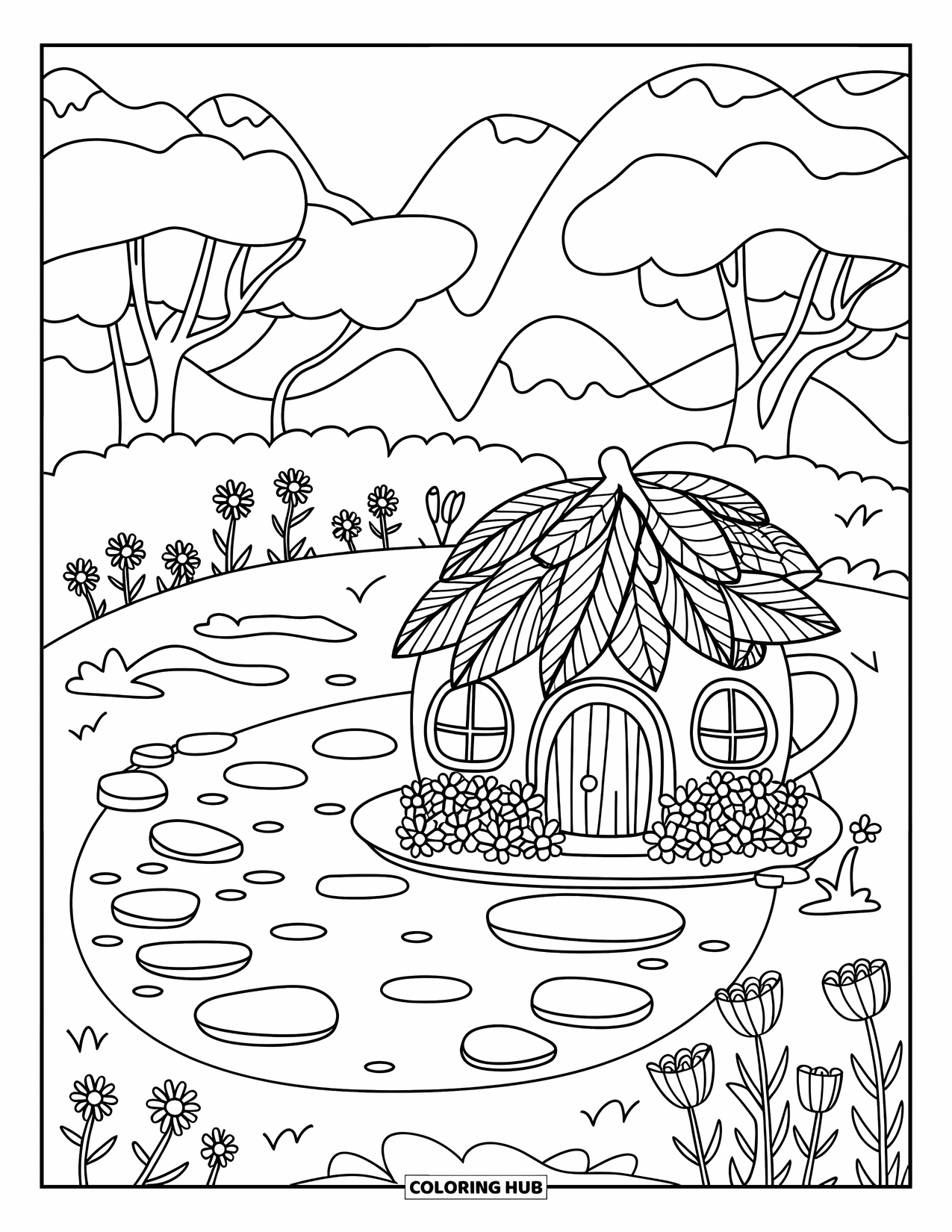 Fairy Garden Coloring Page for Kids: A fairy garden teacup house rests by a pond and blooming flowers
