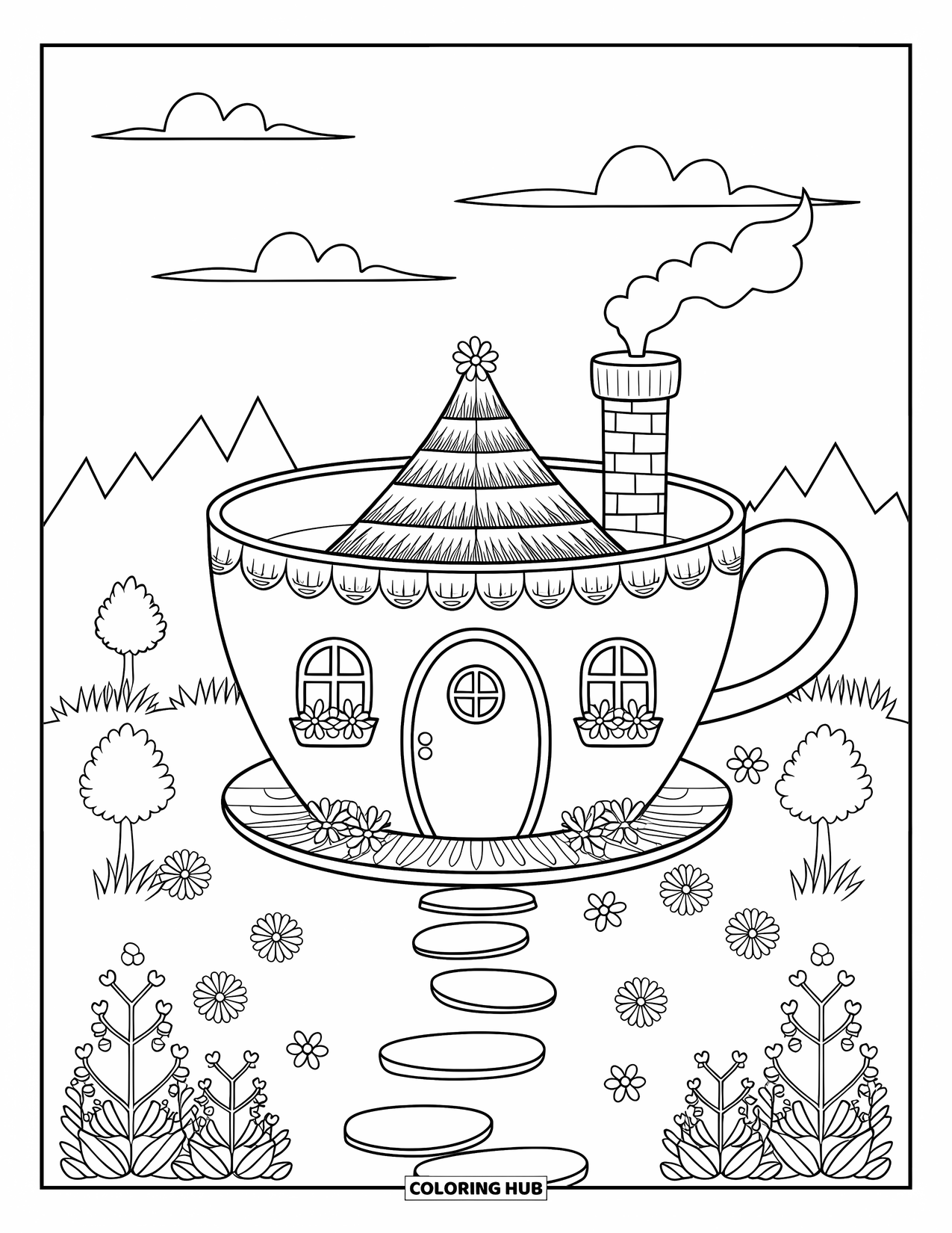 Fairy Garden Coloring Page for Kids: A fairy garden teacup house stands near flowers and trees under a soft sky
