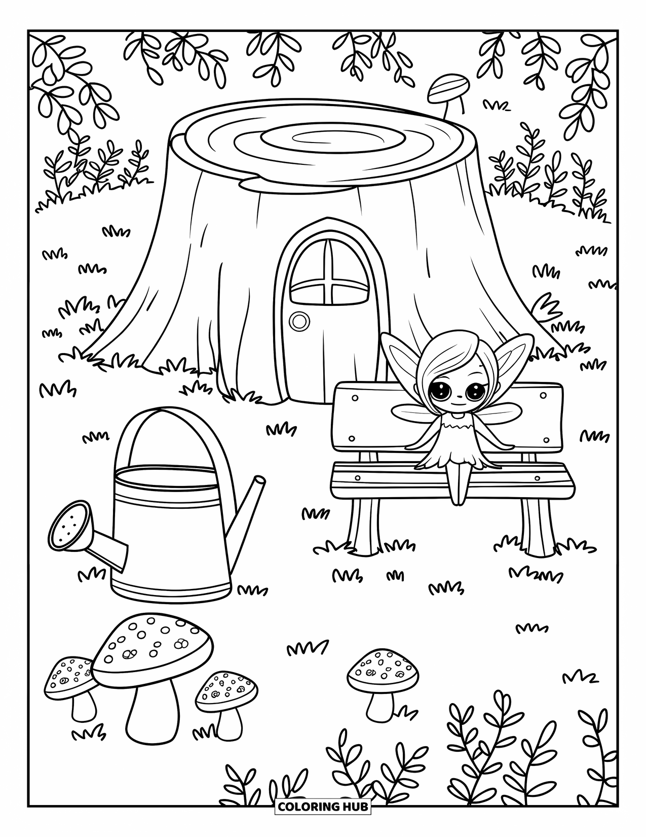 Fairy Garden Coloring Page for Kids: A kawaii fairy rests on a bench beside a stump house and mushrooms