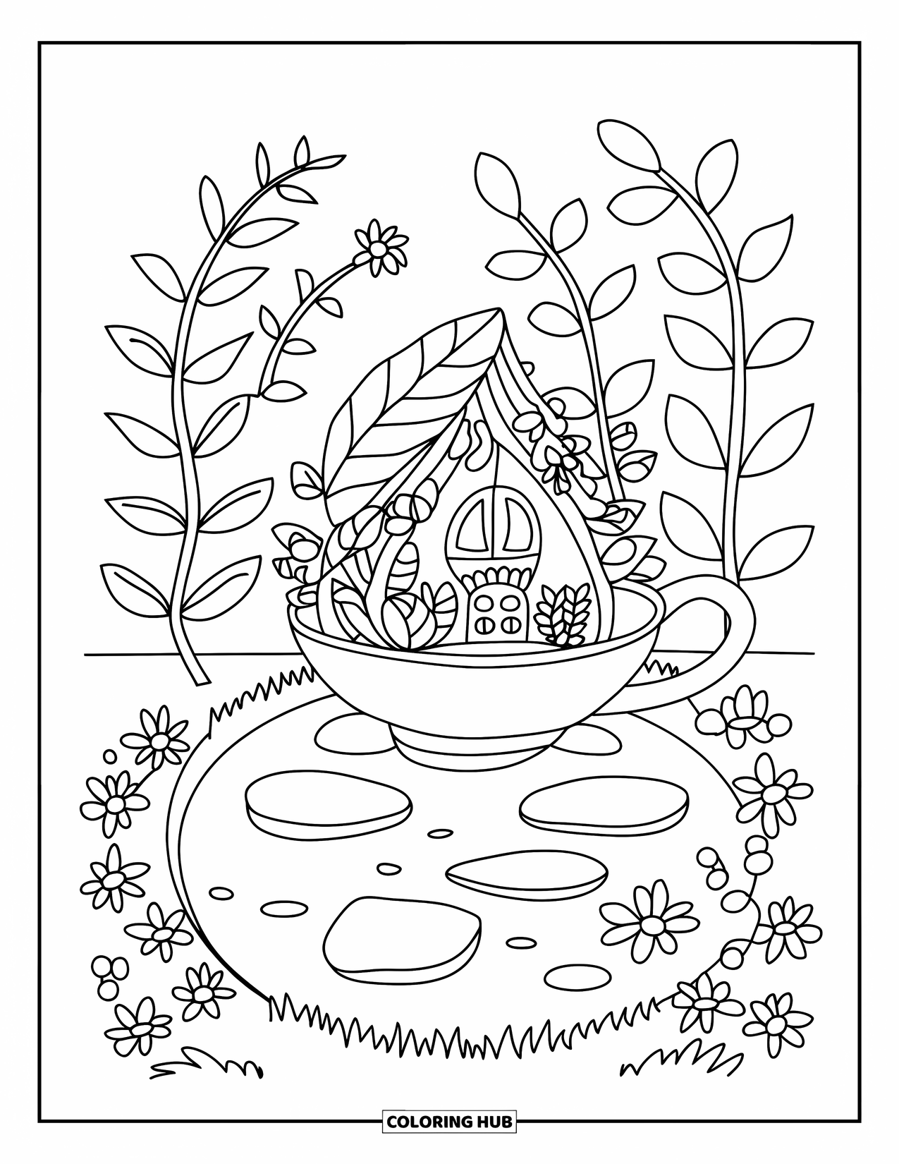 Fairy Garden Coloring Page for Kids: A leaf-roofed teacup house sits beside a pond with blooming flowers