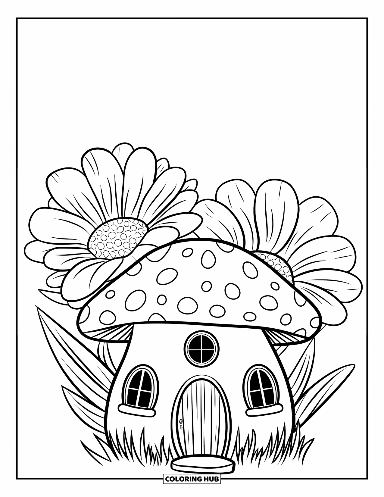 Fairy Garden Coloring Page for Kids: A mushroom house with tiny windows stands beside two big blooming flowers