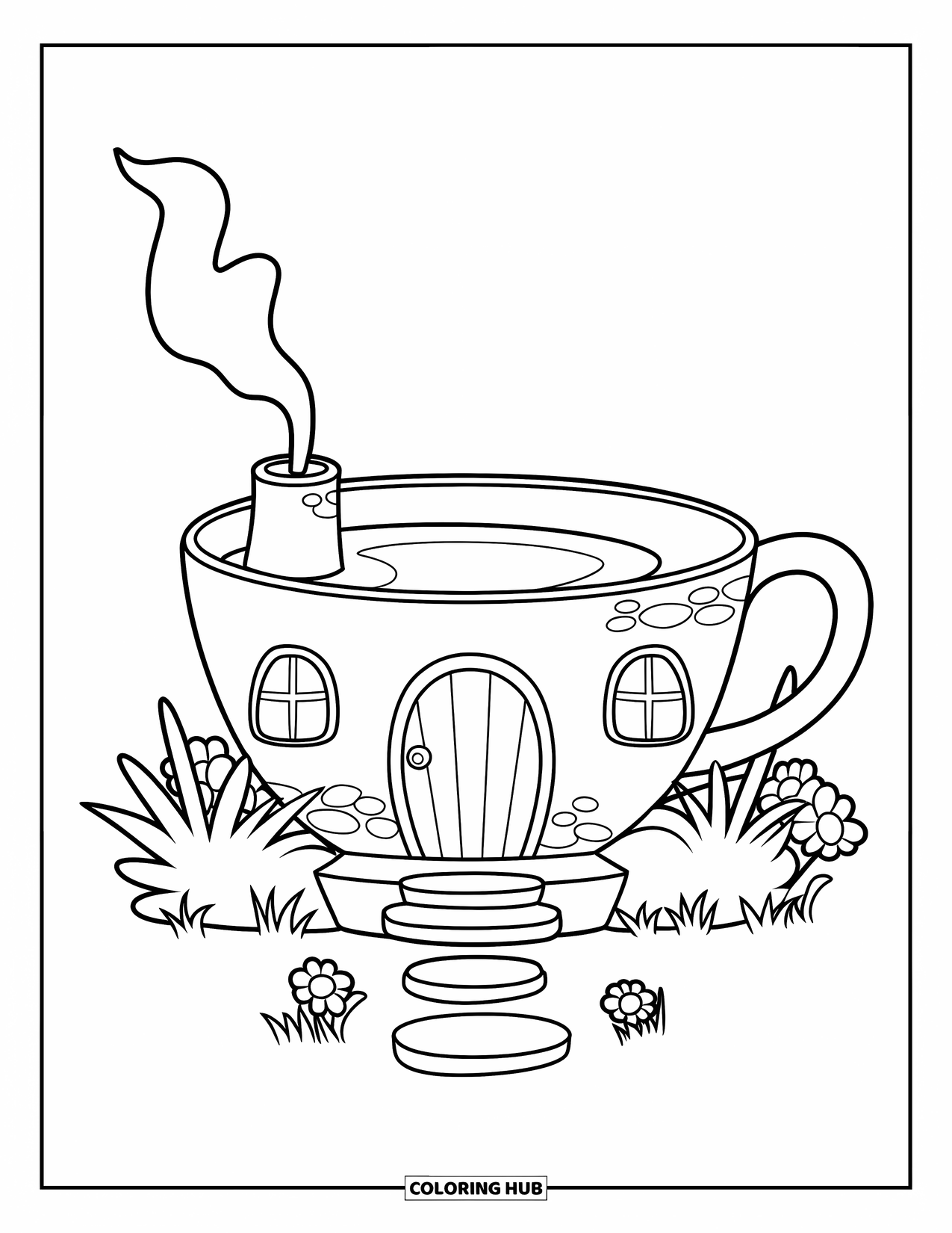 Fairy Garden Coloring Page for Kids: A round-door teacup house with chimney sits in a fairy garden