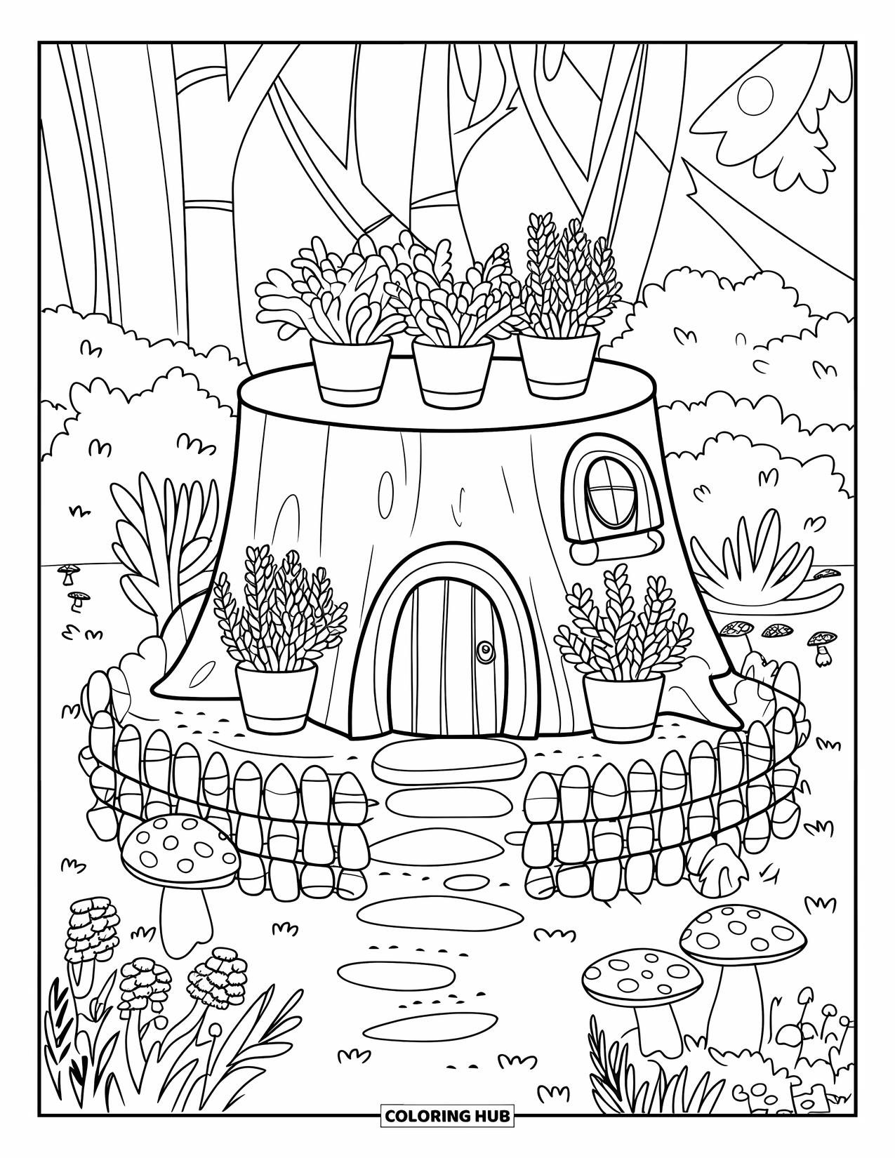 Fairy Garden Coloring Page for Kids: A small stump house is surrounded by herbs, mushrooms, and peaceful forest trees
