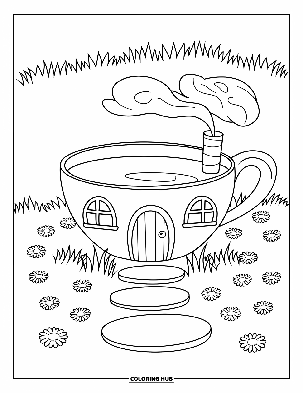 Fairy Garden Coloring Page for Kids: A teacup house with smoke chimney rests in a field with stepping stones