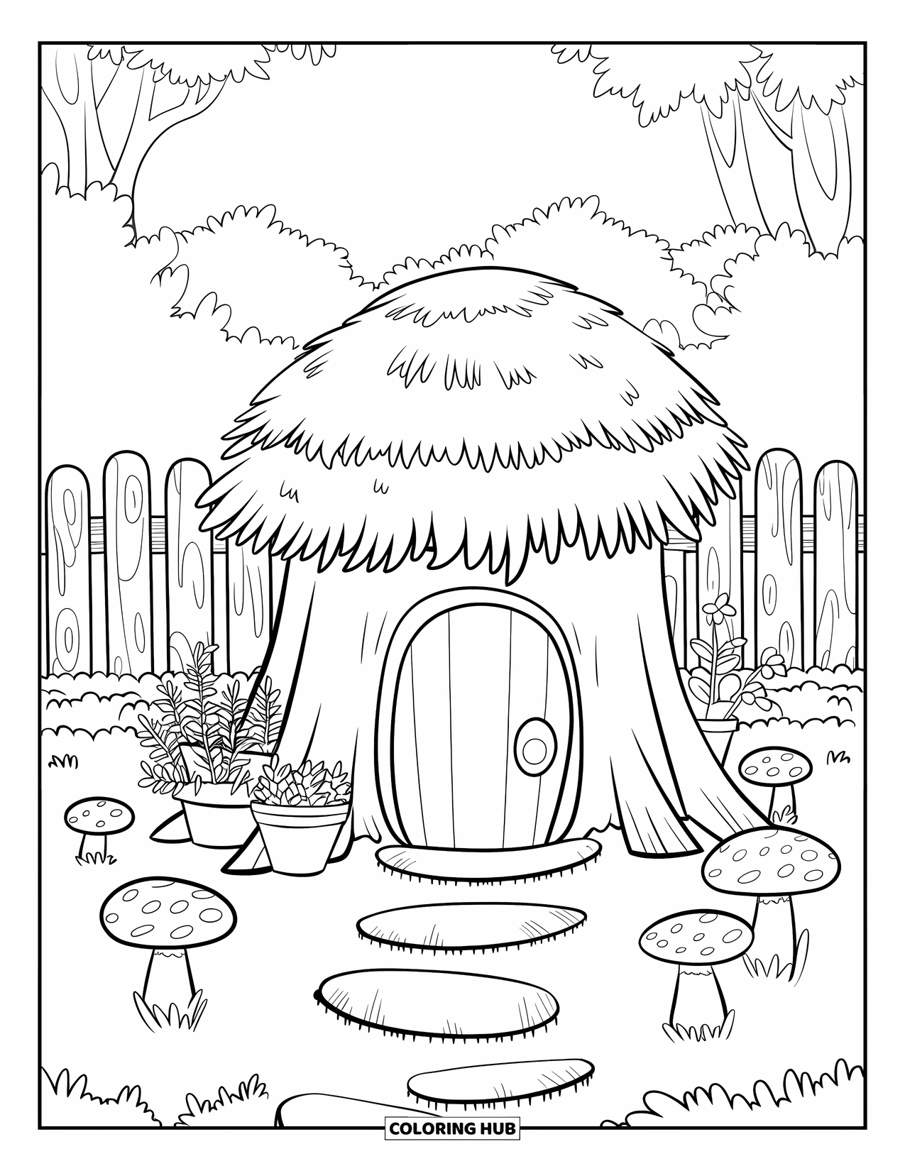 Fairy Garden Coloring Page for Kids: A thatched stump house with mushroom stools and herbs rests peacefully among the trees