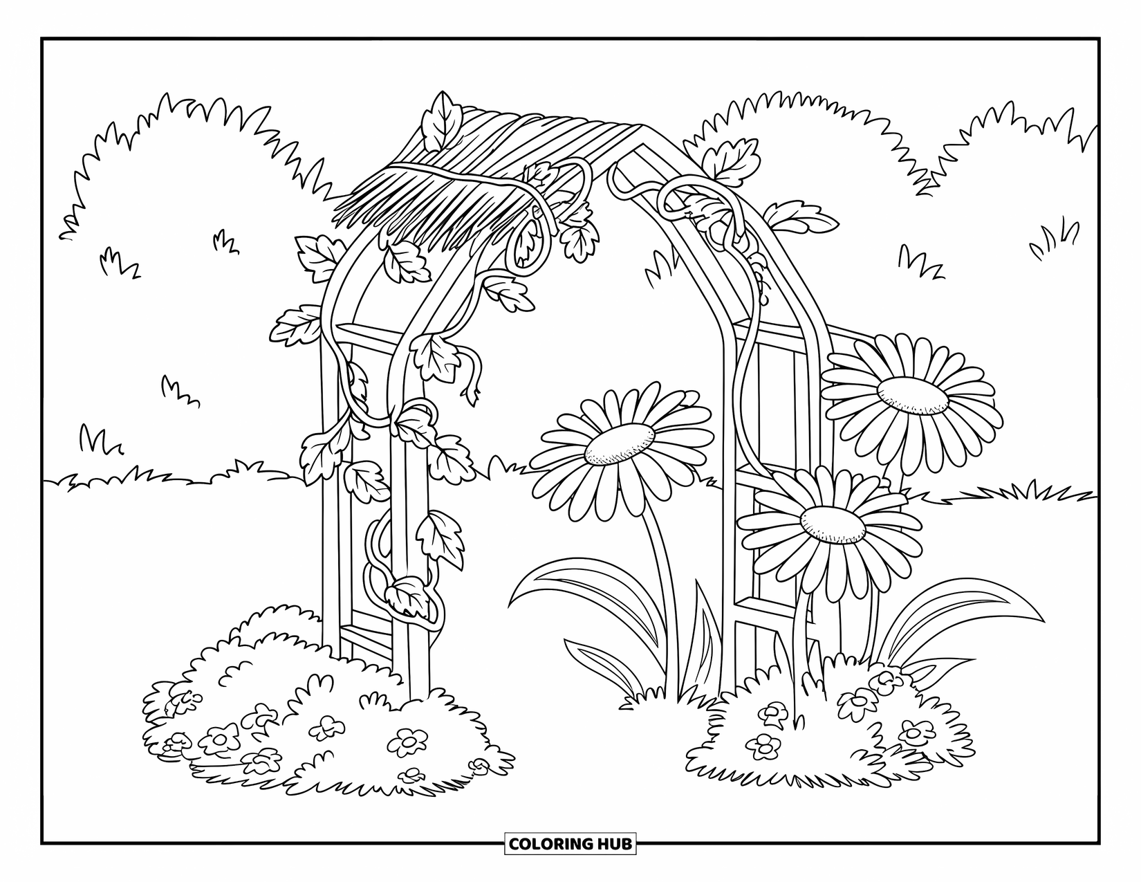 Fairy Garden Coloring Page for Kids: A vine-wrapped garden arch stands beside oversized daisies and leafy plants