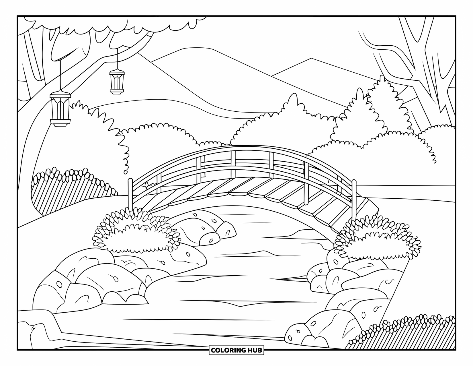 Fairy Garden Coloring Page for Kids: A wooden footbridge spans a lush creek surrounded by greenery and soft mountain views