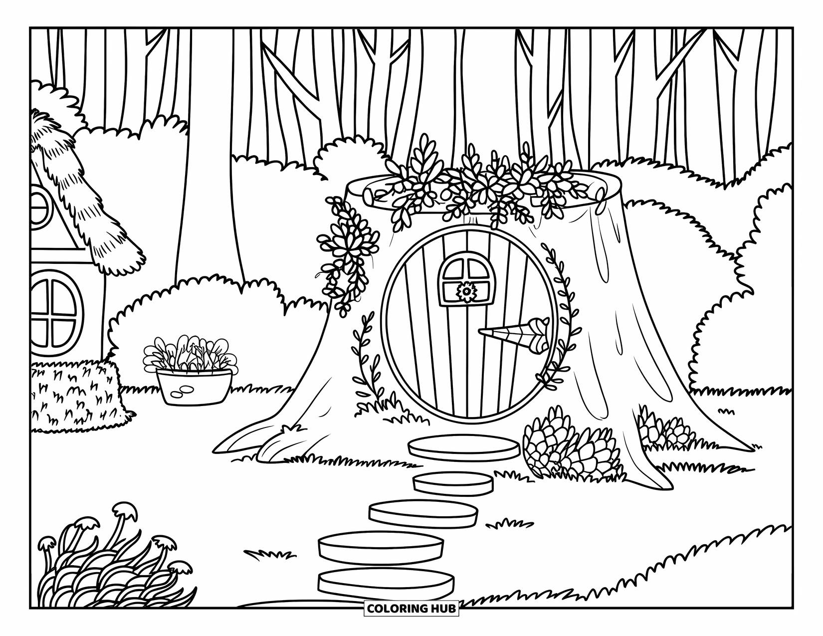 Fairy Garden Coloring Page for Kids: Flower pots and a tiny house sit near a stump door along a forest path