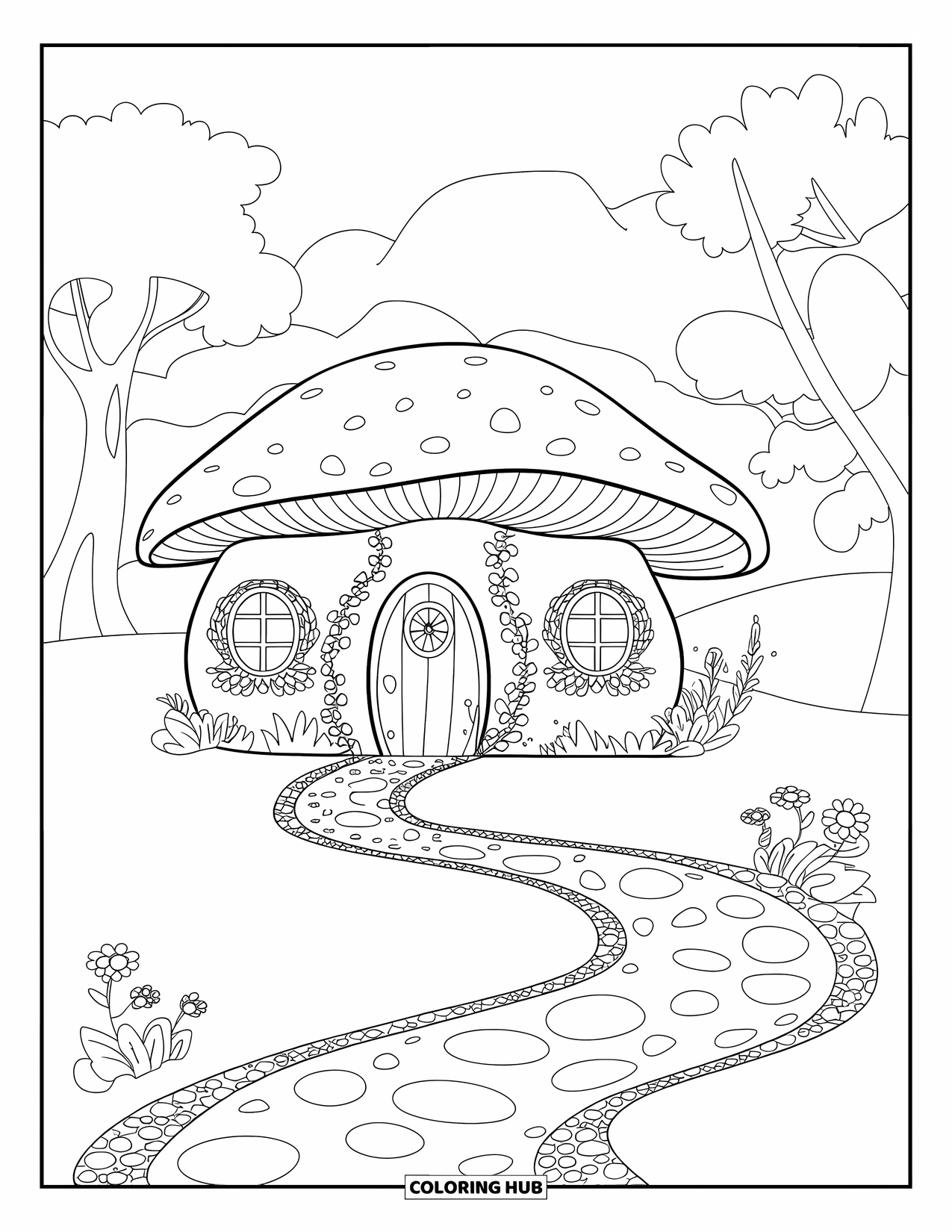 Fairy Garden Coloring Page for Kids: Flowers bloom along the path to a mushroom cottage under a calm mountain sky