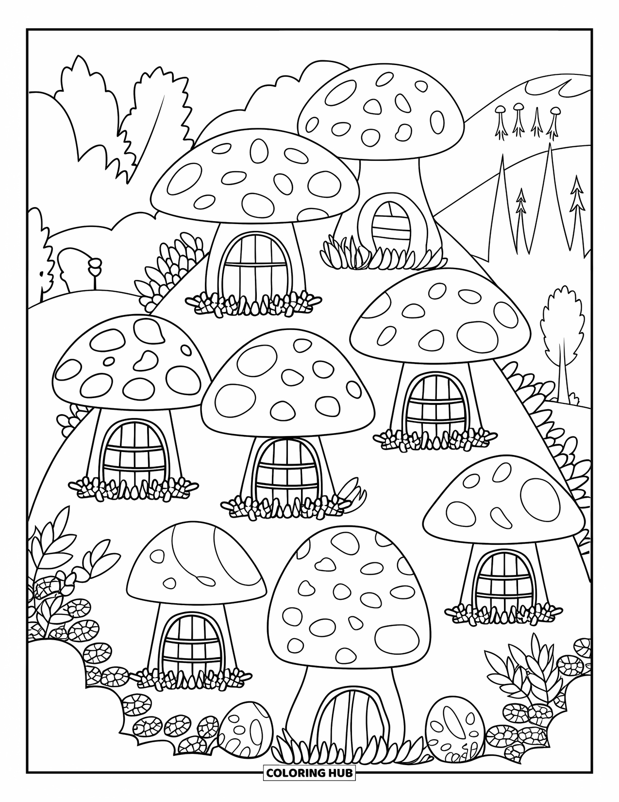 Fairy Garden Coloring Page for Kids: Hillside mushroom homes with ivy and trees make a peaceful fairy village