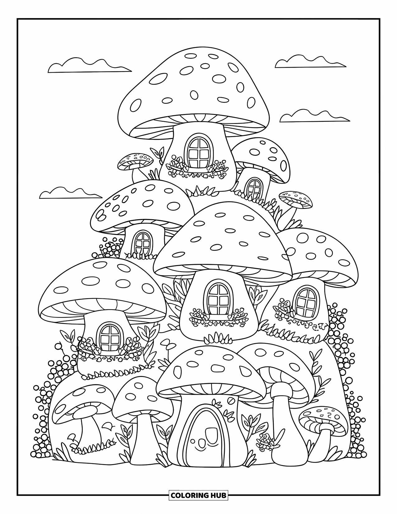 Fairy Garden Coloring Page for Kids: Ivy-covered mushroom homes rest on a hill with clouds and cheerful fairies