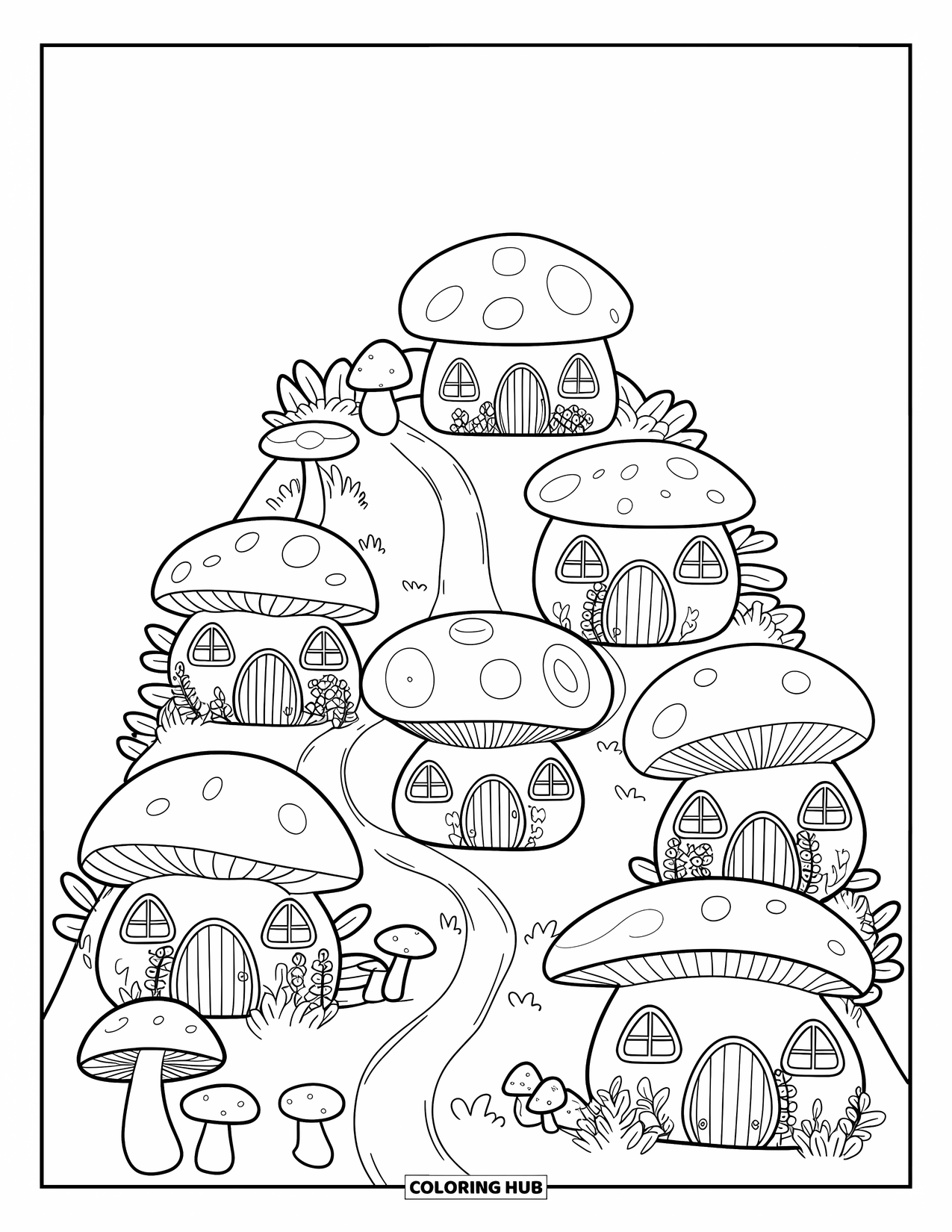 Fairy Garden Coloring Page for Kids: Paths connect ivy-covered mushroom homes on a calm hillside