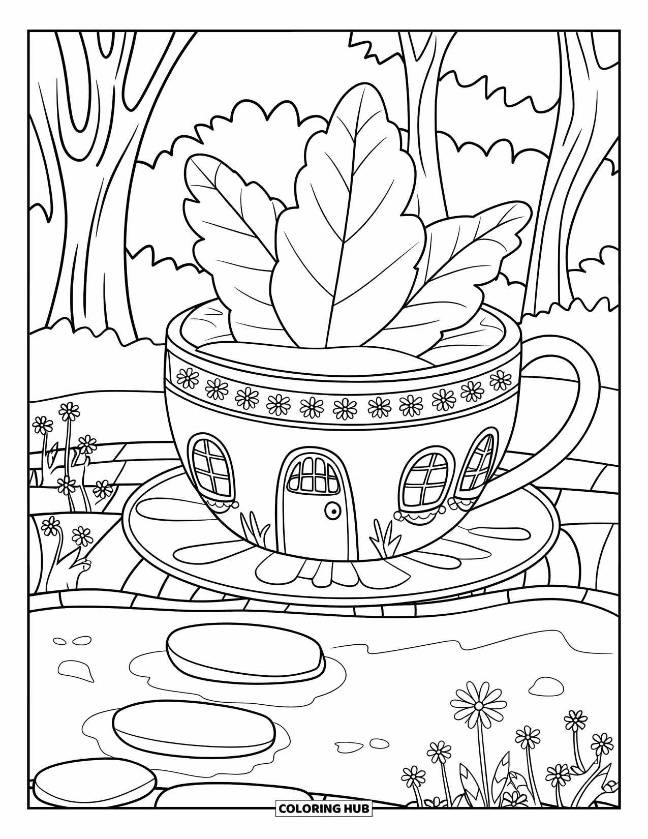 Fairy Garden Coloring Page for Kids: Teacup house with leaf roof sits near a pond with flowers and trees