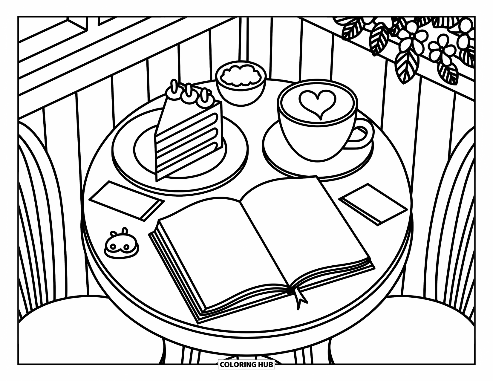 February Coloring Page for Adults: A cake, latte, and open notebook sit on a cozy café table