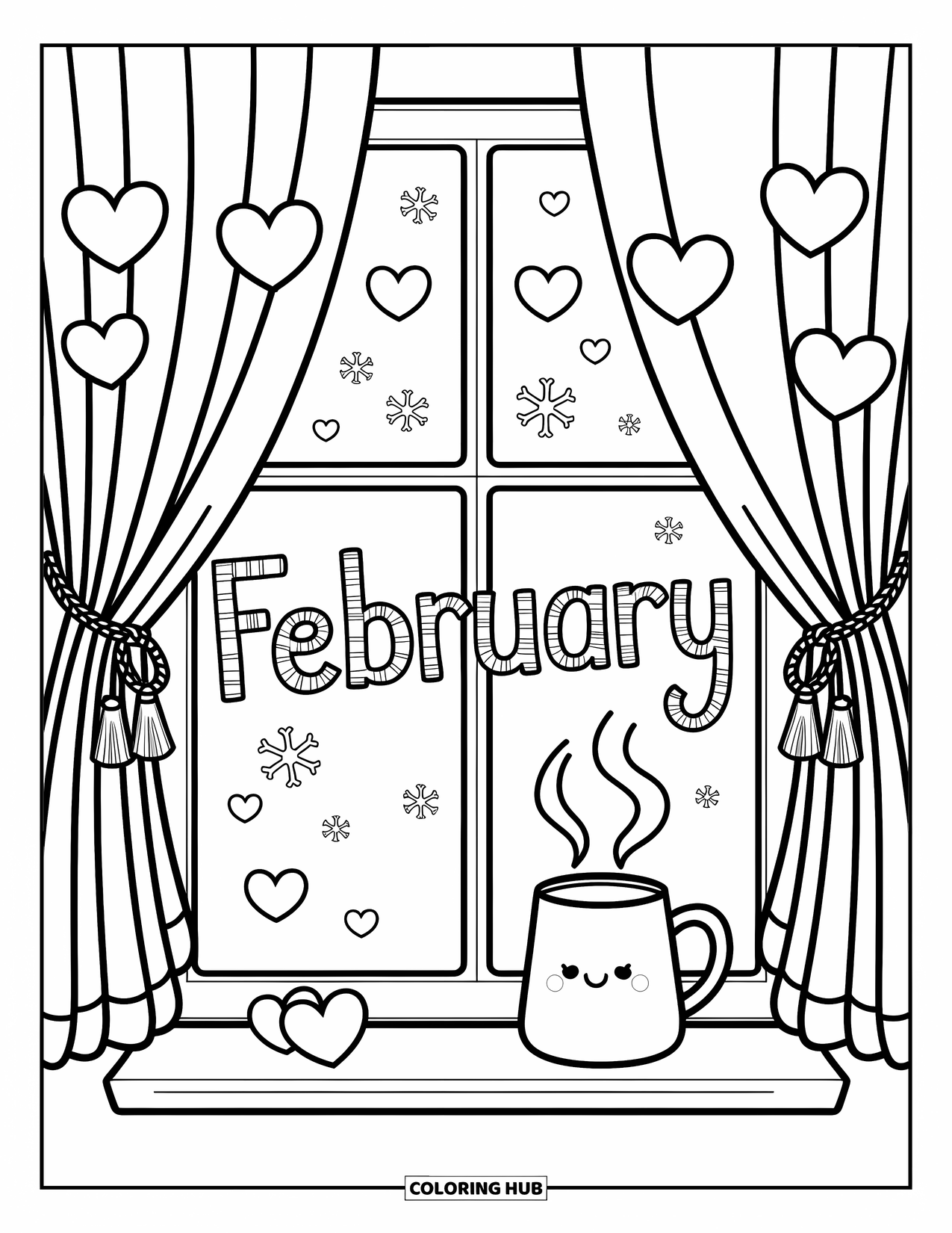 February Coloring Page for Adults: A cozy mug sits on the sill beneath a heart-filled February window