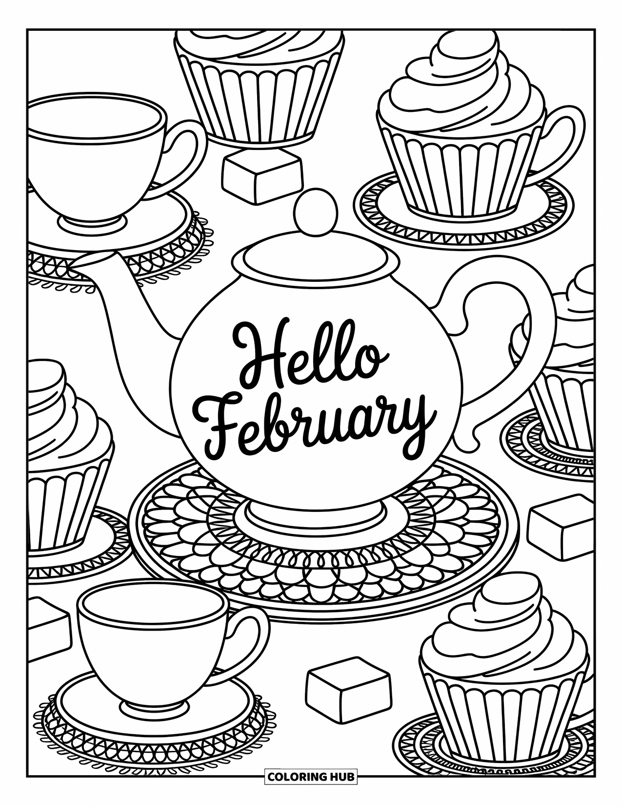 February Coloring Page for Adults: A cute tea party table with stacked cups, treats, and a February teapot