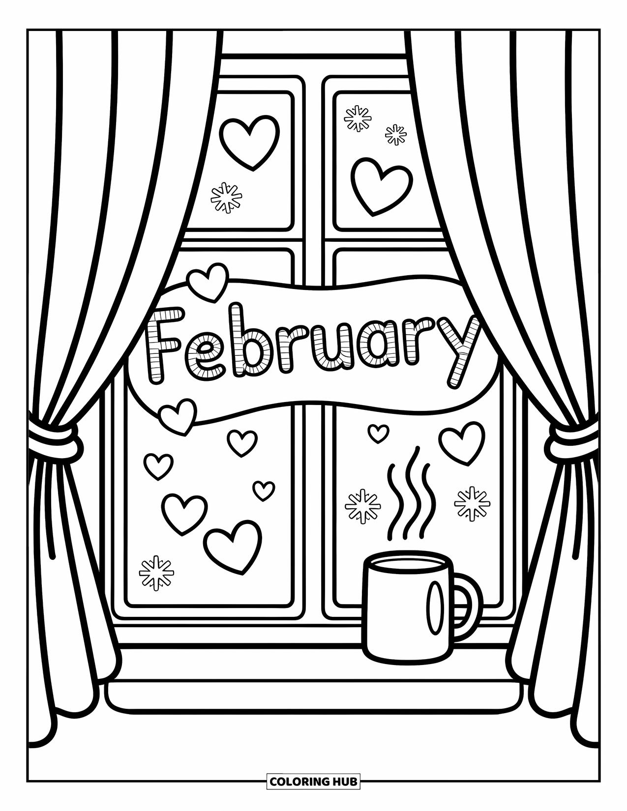 February Coloring Page for Adults: A heart-decorated window with steamy mug and "February" written in frost