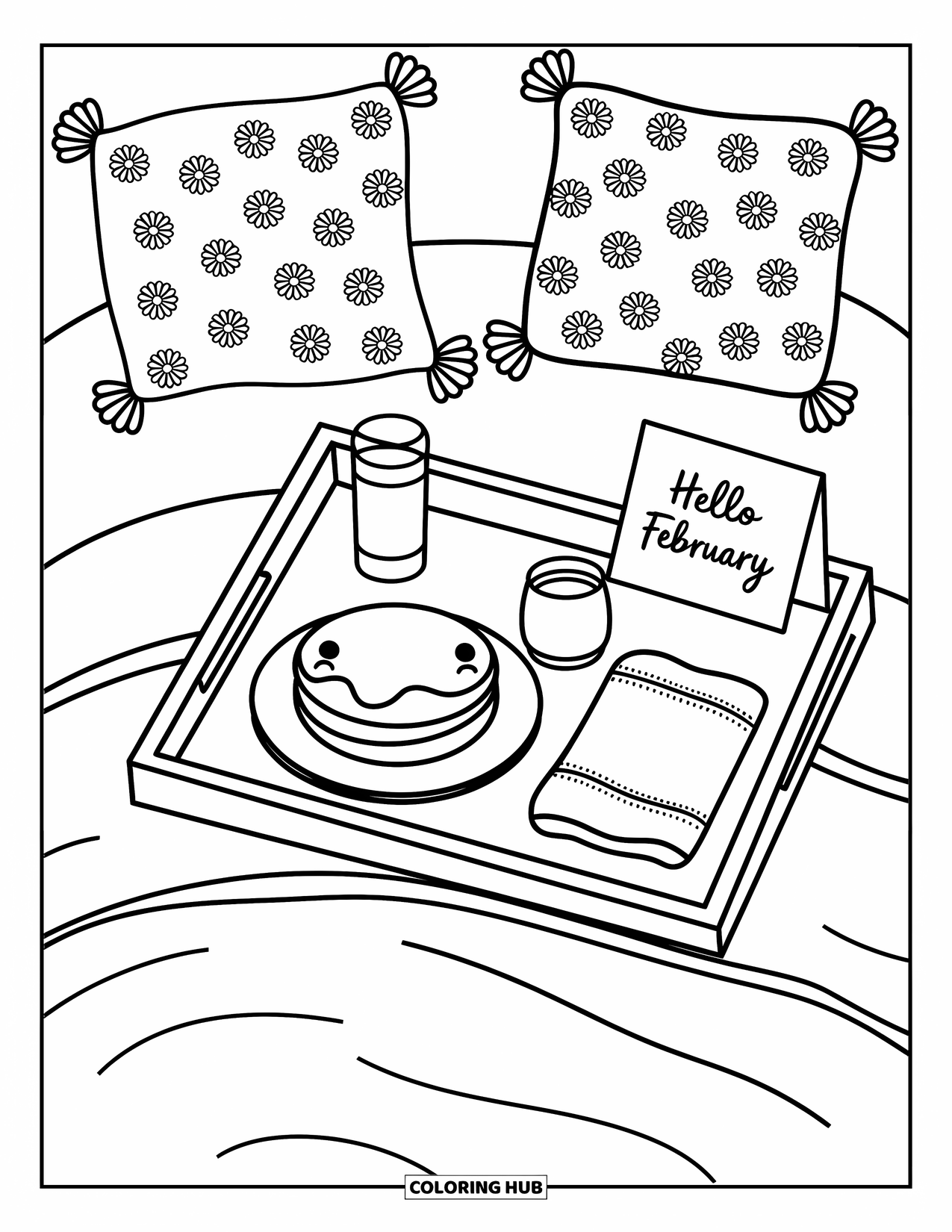 February Coloring Page for Adults: A "Hello February" breakfast tray surrounded by pillows and fluffy pancakes