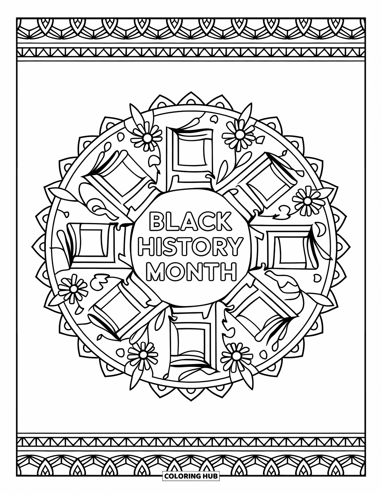 February Coloring Page for Adults: Black History Month framed in a mandala with flowers, books, and symbolic details
