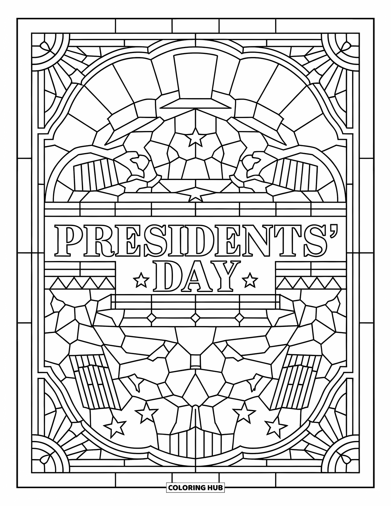 February Coloring Page for Adults: Bold Presidents' Day title framed by stars, top hats, and intricate patterns
