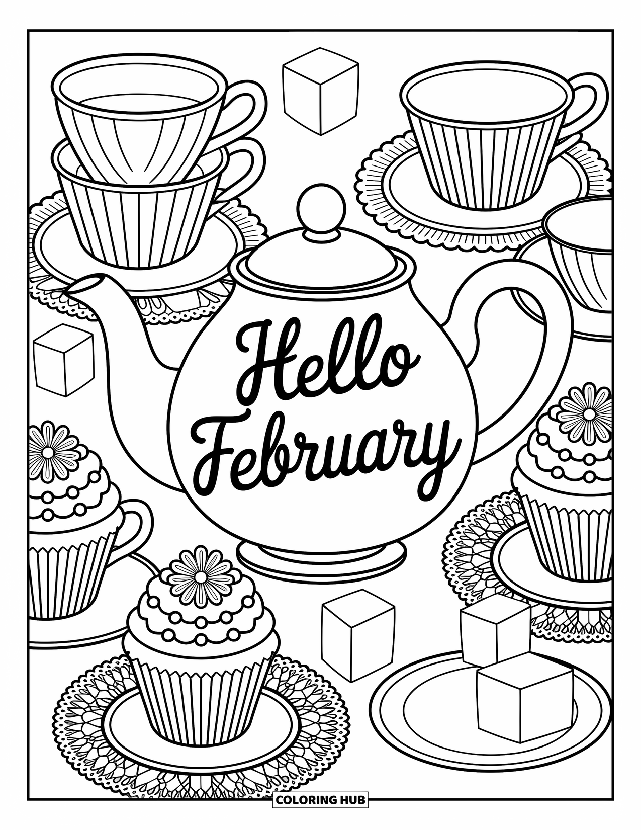 February Coloring Page for Adults: Cupcakes and sugar cubes circle a teapot with "Hello February" on it